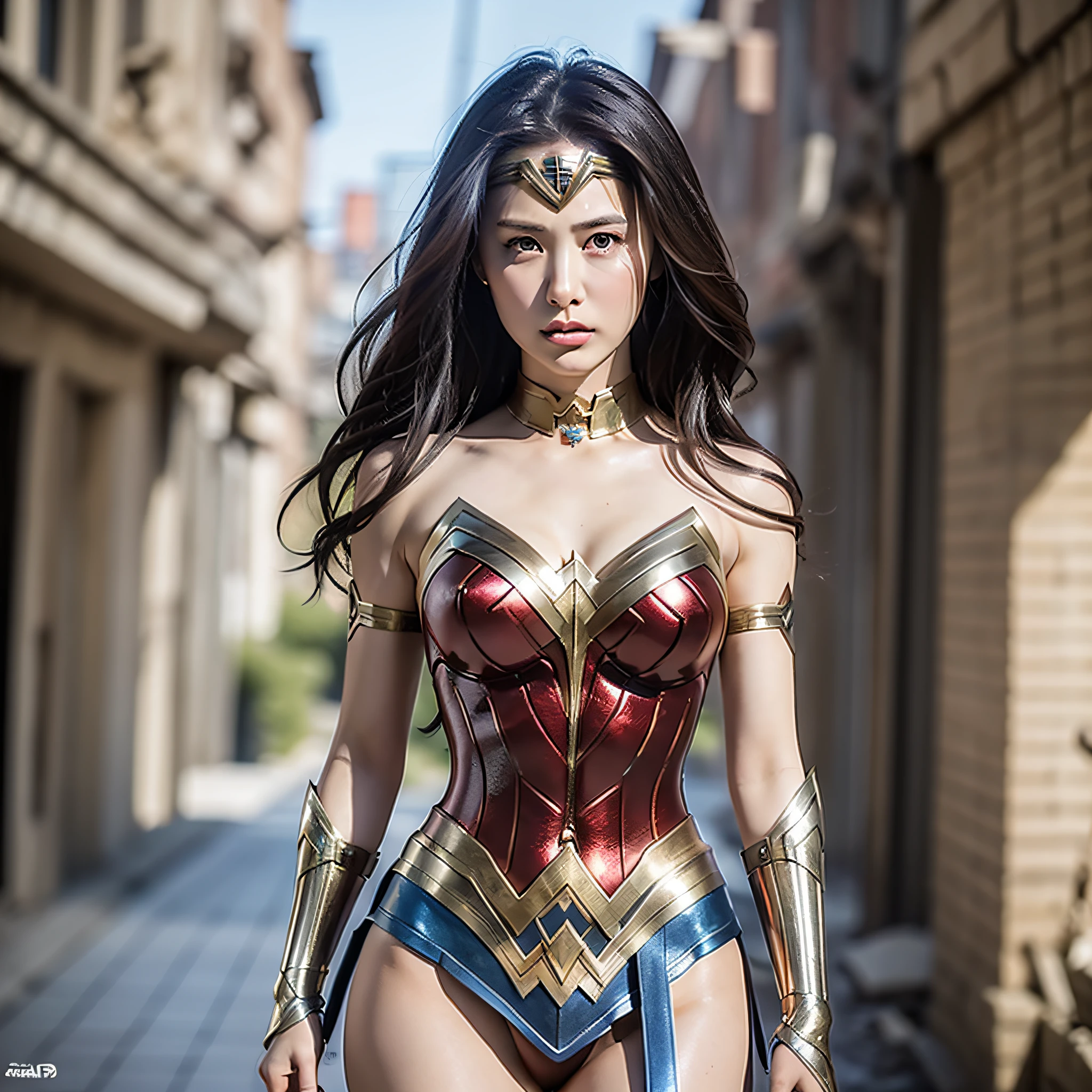 (Masterpiece: 1.5), (Best Quality: 1.5), High Definition, High Detail, 3DXR, 3DMM,1 Girl, Solo, Skin Highlight, Sharp, Clear,Female Body Set Big, Wonder Woman Costume Dress, In Ruins