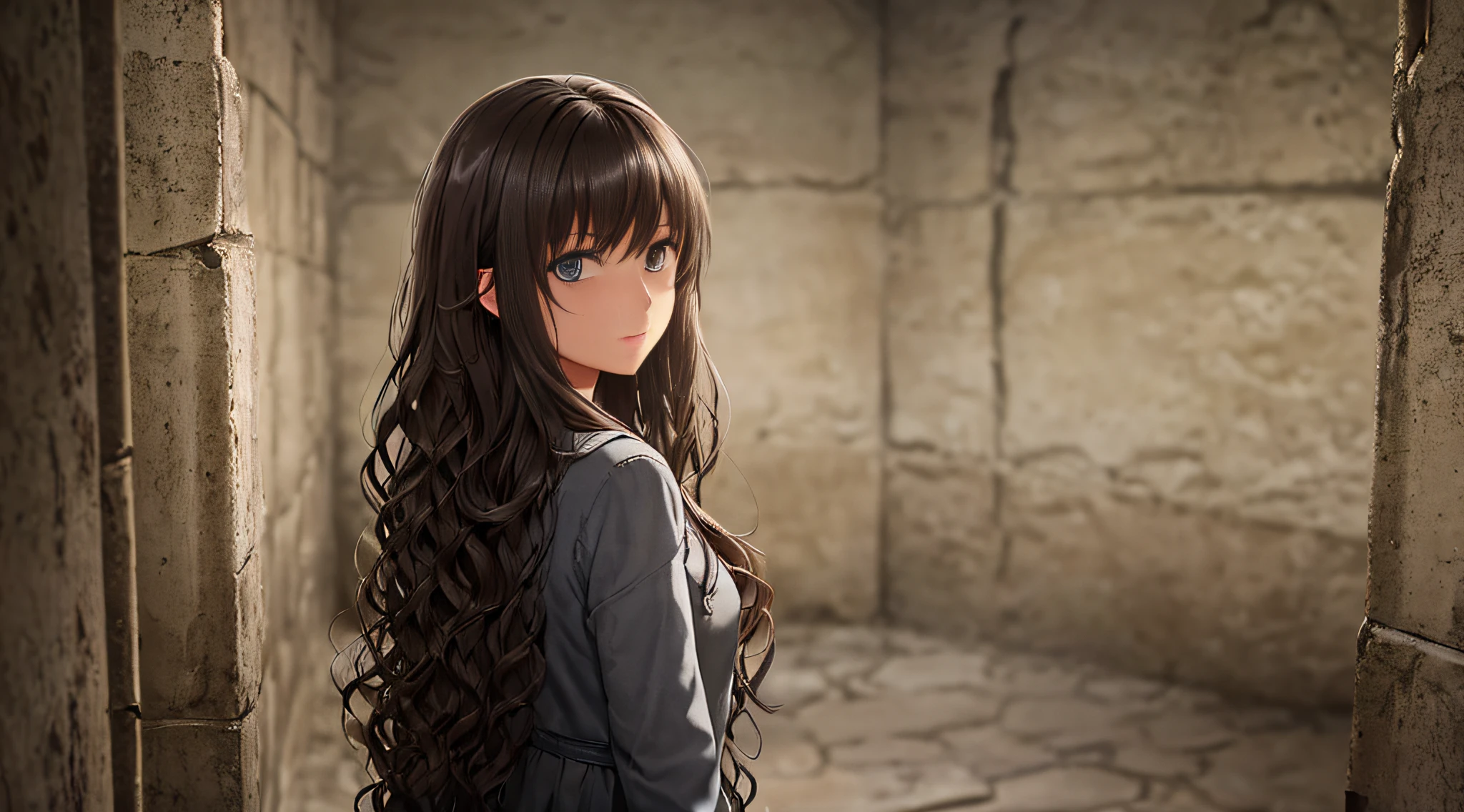 Dungeon, prison, dim light, shadow in the dark, poor girl, (girl: 23 years old, curly, long hair, brunette hair, casual wear, slim), night, no lights, low purity tones, black, dioramas, anime, UHD, textured skin, high quality, high detail --auto --s2