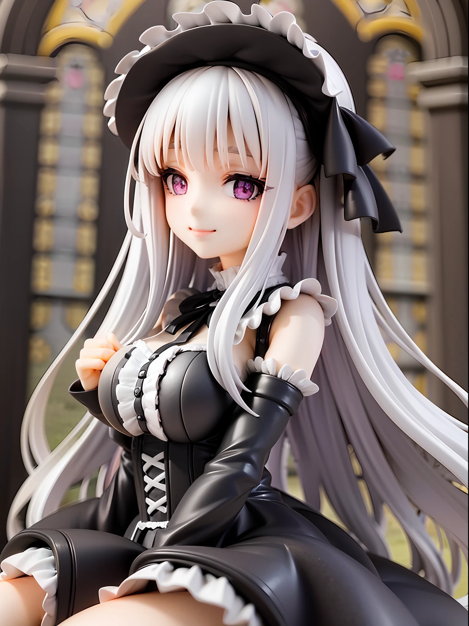 Gothic Lolita girl, angel wings, black, white, mystical smile, Gothic Lolita dress (black dress with white lace and ribbons, multi-layered frilly skirt), white lace bonnet, white collar and cuffs, white curly long hair, indigo eyes, subtly spreading wings, Gothic church, full body