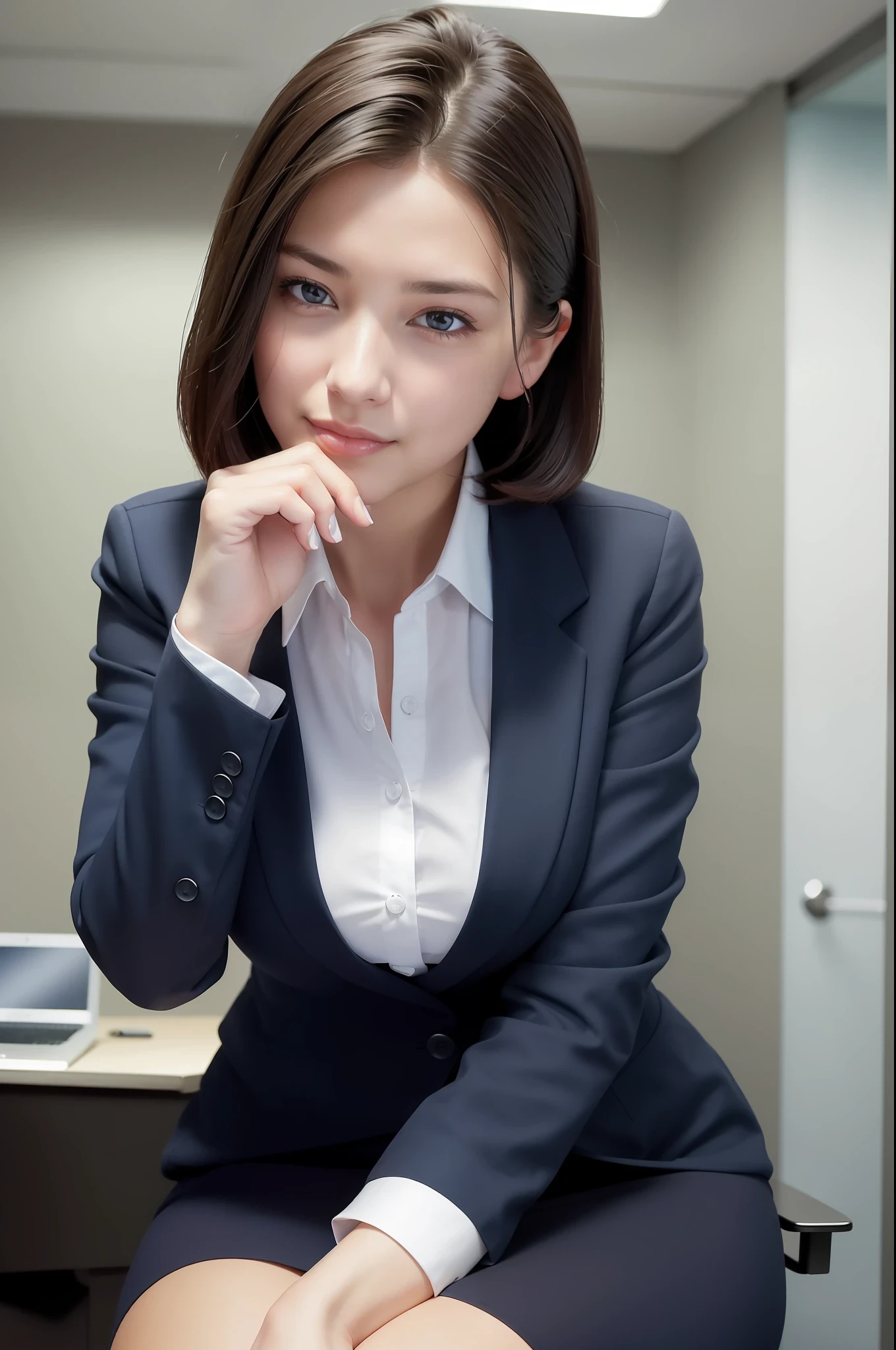 (8k, best quality, masterpiece:1.2), (realistic, photo-realistic:1.37), ultra-detailed, 1 girl,cute, solo,beautiful detailed sky,detailed office,night,sitting,(nose blush),(smile:1.15),(closed mouth) , medium breasts,beautiful detailed eyes,(collared shirt:1.1), night, wet,business attire, rain, (short hair:1.2), pureerosface_v1, computer, detail finger, beautiful detailed face,
