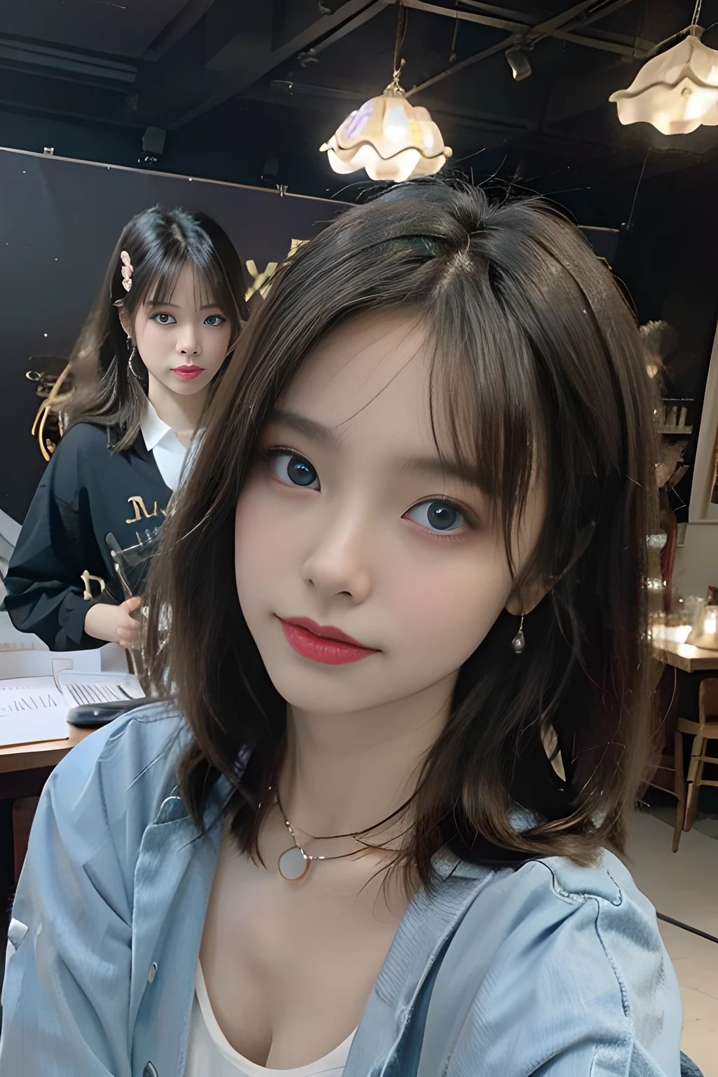 (Top Quality, 8k, 32k, Masterpiece, UHD: 1.2), Cute Japan Woman Photos, ((Woman posing with long light brown hair and blue eyes, love beauty, perfect face with realistic shading, realistic painting, precisionism, cowboy shot photo)), light smile, gorgeous necklaces and earrings, beautiful breasts, slouching angle from below (focus on the lower chest), The camera zooms in on the chest, (((sexy woman)), ((group of girls)), delicious lighting, blurred backgrounds, extraordinary costume design, seductive, charming, artistic and memorable poses. Volumetric lights that enhance the atmosphere. Girls surround sexy women, creating an interesting contrast in the overall composition. The colors are rich and contrasting. The images are attractive and have a high visual impact.