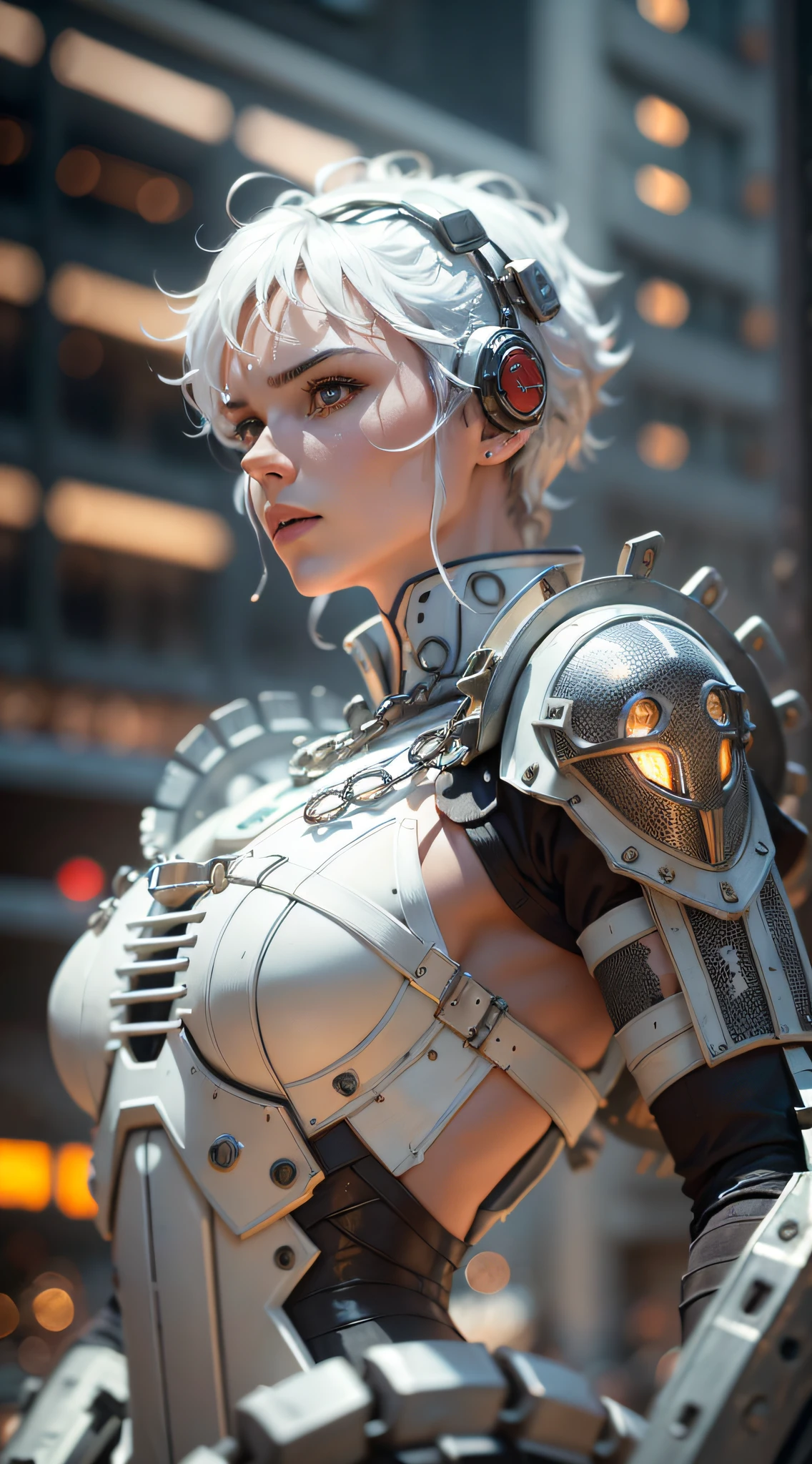 85mm, f1.8, robot portrait, dark matte smooth ceramics, intricate design, very detailed, fine details, extremely clear lines, cinematic lighting, realistic photos, a detailed masterpiece, Dark_Fantasy, Cyberpunk, (chain saw, chain saw man, Red:1.1), 1man, Mechanical marvel, Robotic presence, Cybernetic guardian, dressed in a shabby mech suit, white, intricate, (steel metal [rusty]), elegant, clear focus, photographed by greg rutkowski, soft lighting, bright colors, masterpiece, ((street)), cowboy shooting, dynamic pose --auto --s2