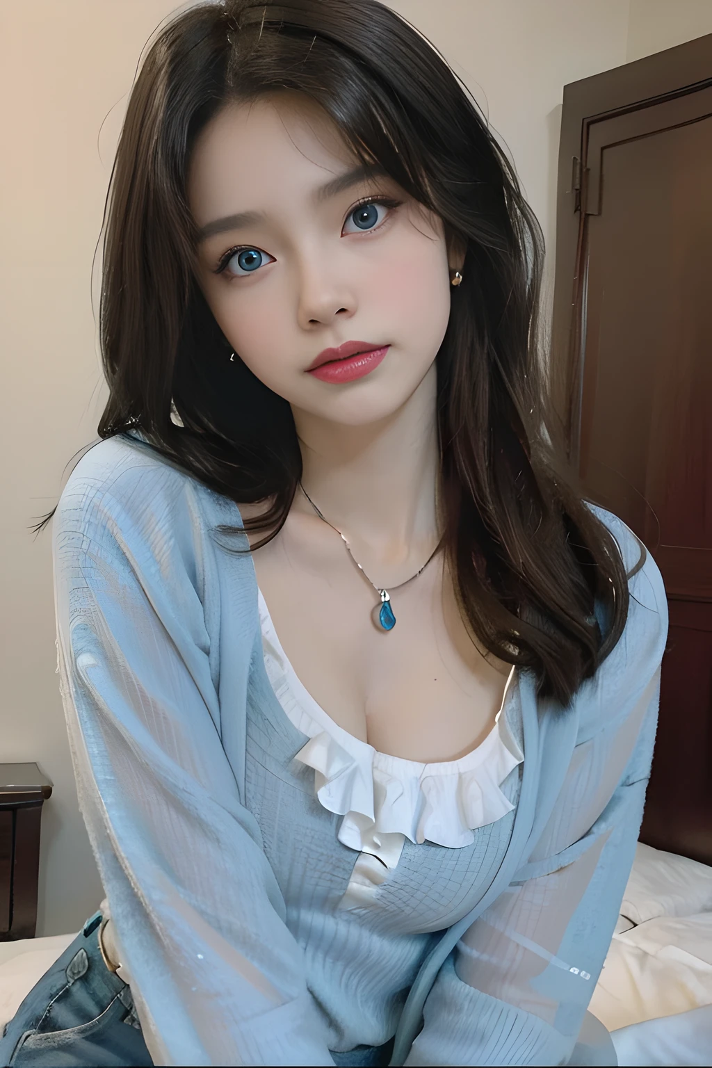 (Top Quality, 8k, 32k, Masterpiece, UHD: 1.2), Cute Japan Woman Photos, ((Woman posing with long light brown hair and blue eyes, love beauty, perfect face with realistic shading, realistic painting, precisionism, cowboy shot photo)), light smile, gorgeous necklaces and earrings, beautiful breasts, slouching angle from below (focus on the lower chest), The camera zooms in on the chest, (((sexy woman)), ((group of girls)), delicious lighting, blurred backgrounds, extraordinary costume design, seductive, charming, artistic and memorable poses. Volumetric lights that enhance the atmosphere. Girls surround sexy women, creating an interesting contrast in the overall composition. The colors are rich and contrasting. The images are attractive and have a high visual impact.