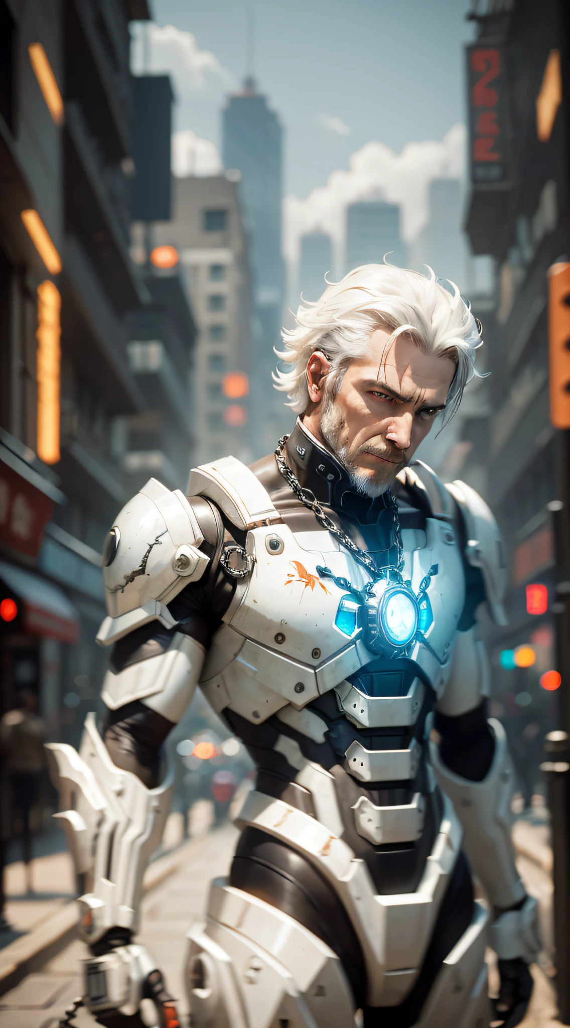 85mm, f1.8, robot portrait, dark matte smooth ceramics, intricate design, very detailed, fine details, extremely clear lines, cinematic lighting, realistic photos, a detailed masterpiece, Dark_Fantasy, Cyberpunk, (chain saw, chain saw man, Red:1.1), 1man, Mechanical marvel, Robotic presence, Cybernetic guardian, dressed in a shabby mech suit, white, intricate, (steel metal [rusty]), elegant, clear focus, photographed by greg rutkowski, soft lighting, bright colors, masterpiece, ((street)), cowboy shooting, dynamic pose --auto --s2
