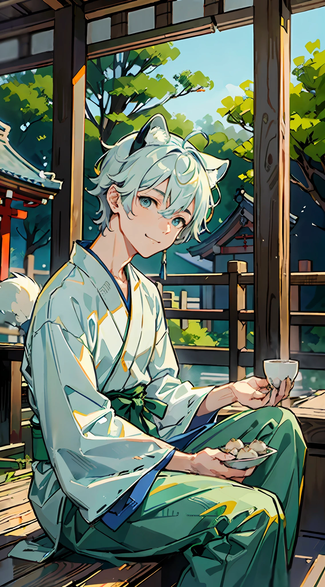 ((Masterpiece: 1.4, best quality)), one boy, green and short hair and eyes, (Japan Shinto priest, white and light blue hakama: 1.3), gentle smile, raccoon dog ears and tail, sitting on the porch and eating dumplings, the background is a temple in Kyoto.