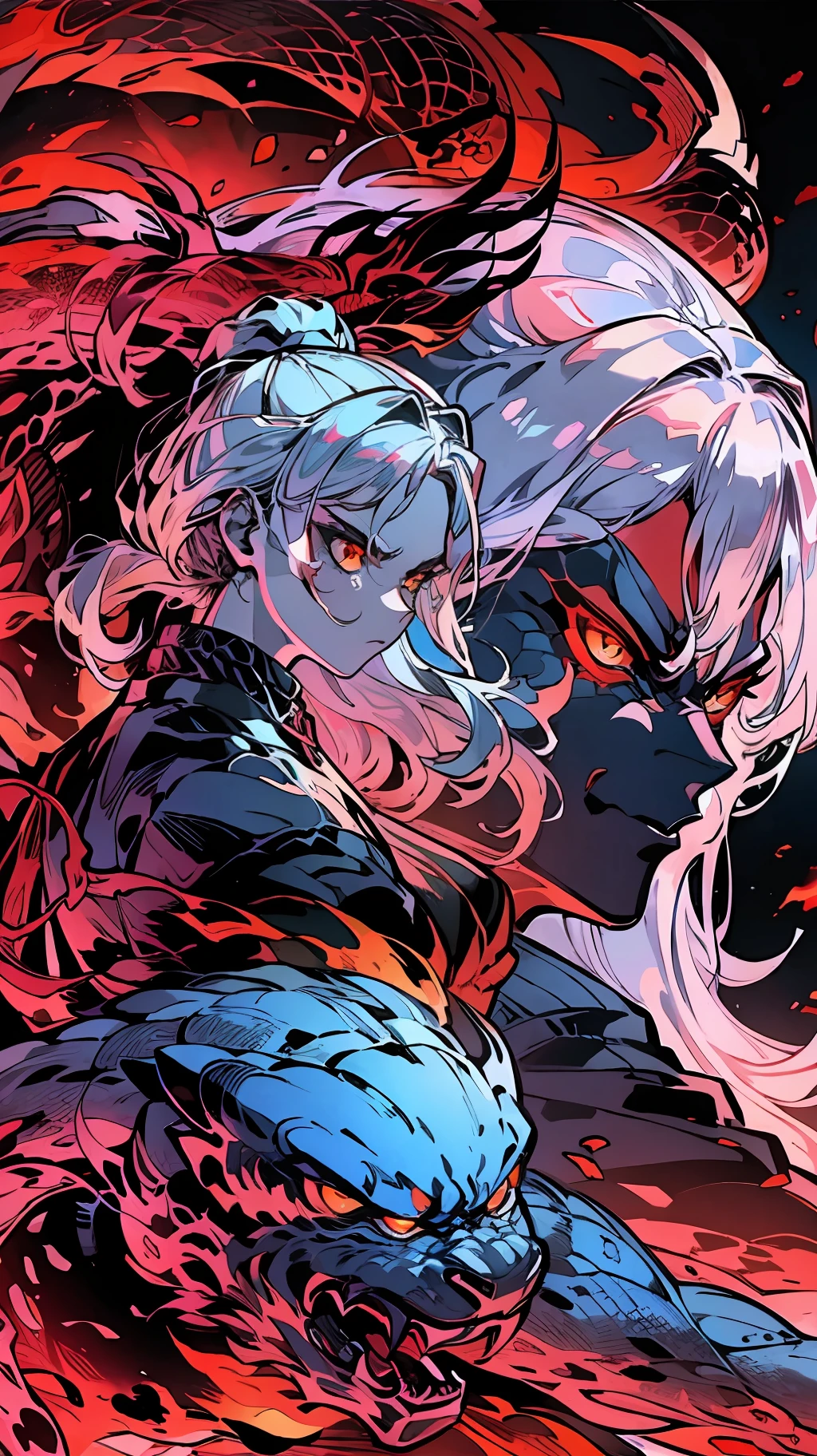 A beautiful girl with delicate facial features, white single ponytail, demon horns on her head, tattoos on her face, golden glowing eyes, a glowing long sword, monster in the background mist, from the side, fierce eyes, extremely angry expression, roar, battle posture drawing,