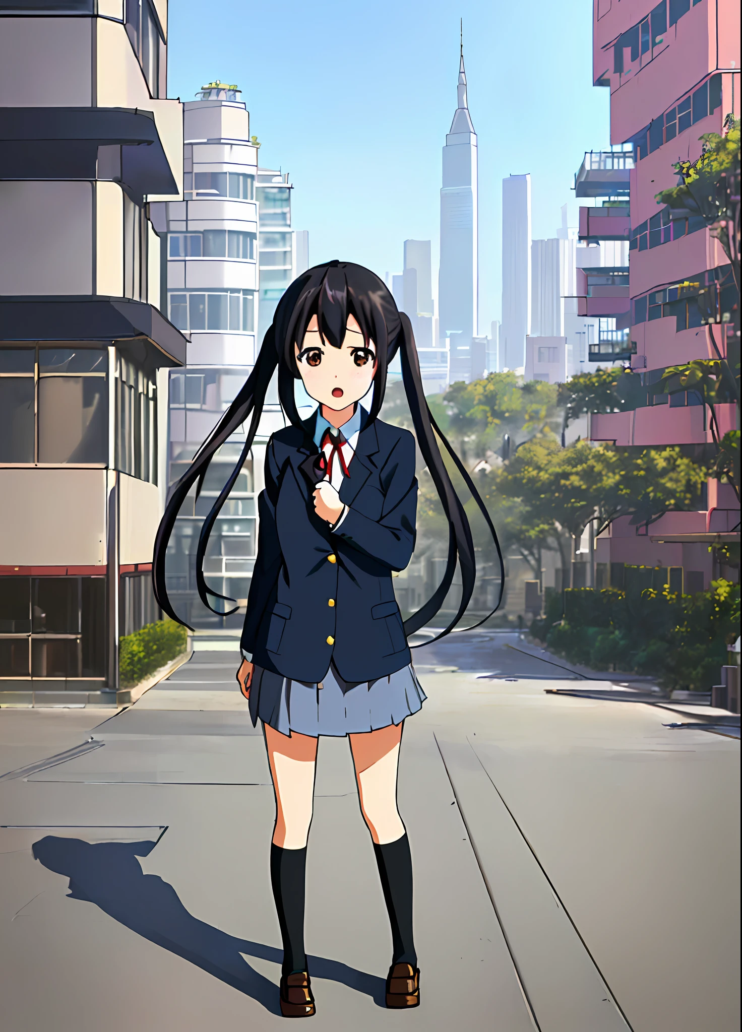 1girl, ((((Masterpiece))), Best Quality, Best Quality, High Detail, Azusa Nakano, 1girl, Sakuragaoka High School Uniform, Musical Instrument, School Uniform, Twin Tails, Long Hair, Black Hair, Brown Eyes, Solo, Red, Dark blue blazer with a thin ribbon of red, Solid white button shirt under blazer, Illustration, Cartoon, Soothing tones, Muted colors, Soft cinematic light, Adobe Lightroom, Photo Lab, HDR, complex and highly detailed, (((depth of field))))). (((Masterpiece))). (((highest quality))).) ((super detail))). (((Illustration))). (((Outside))). (((fighting stance))).,((((Giantization))).dynamic focus.small breasts. (((skyscrapers))). (((Cityscape))). (((Face of sadness))). open mouth.