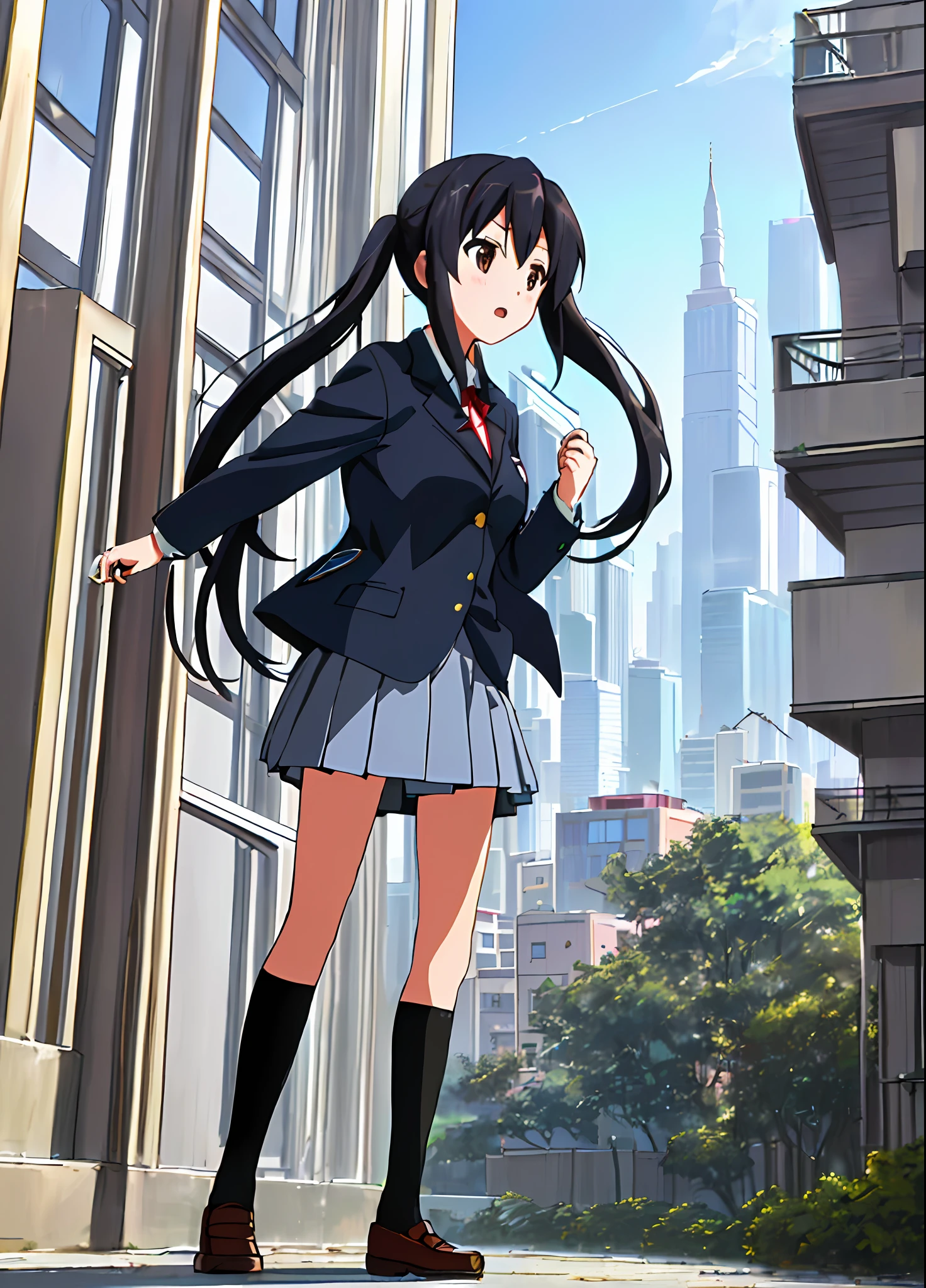1girl, ((((Masterpiece))), Best Quality, Best Quality, High Detail, Azusa Nakano, 1girl, Sakuragaoka High School Uniform, Musical Instrument, School Uniform, Twin Tails, Long Hair, Black Hair, Brown Eyes, Solo, Red, Dark blue blazer with a thin ribbon of red, Solid white button shirt under blazer, Illustration, Cartoon, Soothing tones, Muted colors, Soft cinematic light, Adobe Lightroom, Photo Lab, HDR, complex and highly detailed, (((depth of field))))). (((Masterpiece))). (((highest quality))).) ((super detail))). (((Illustration))). (((Outside))). (((fighting stance))).,((((Giantization))).dynamic focus.small breasts. (((skyscrapers))). (((Cityscape))). (((Face of sadness))). open mouth.