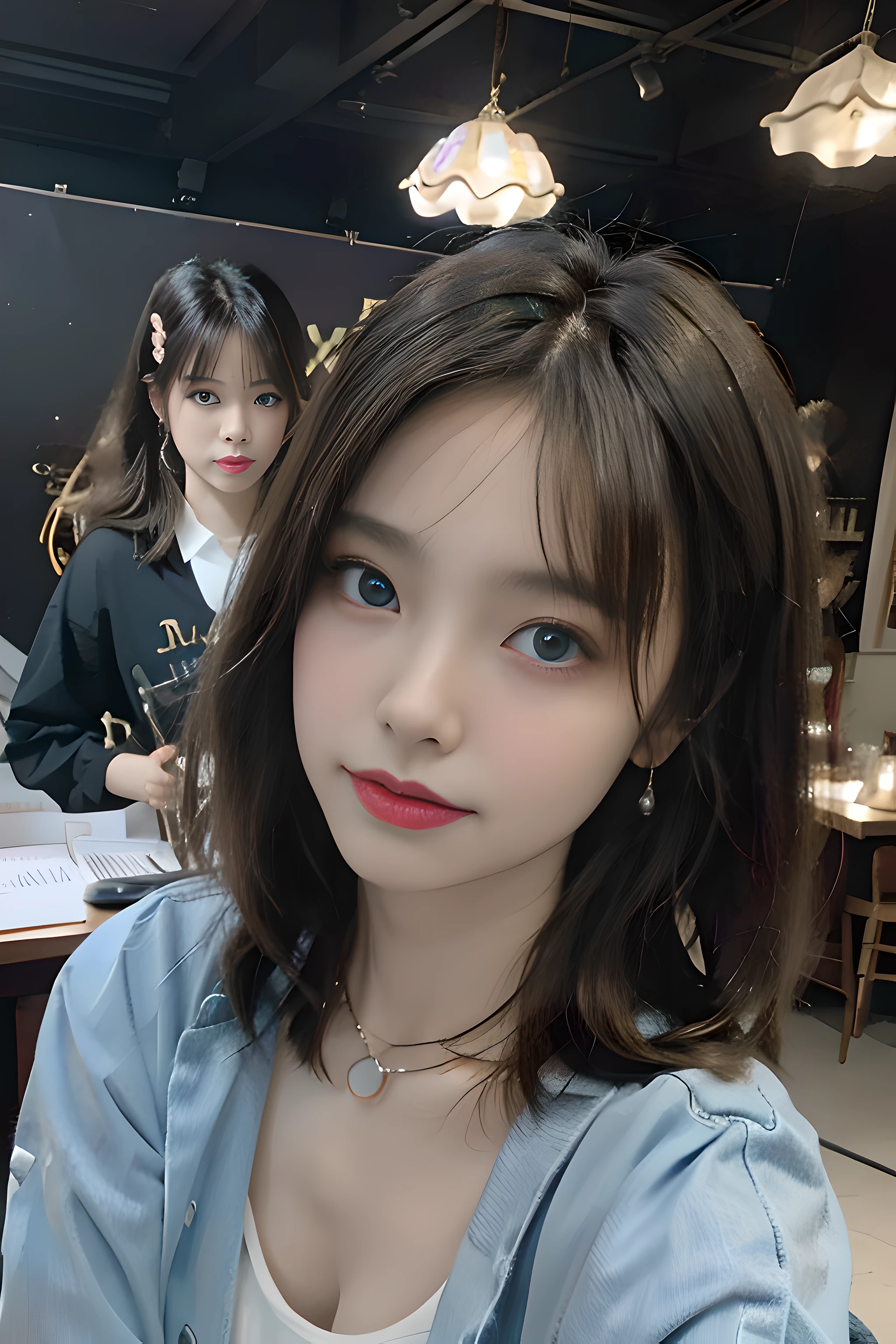 (Top Quality, 8k, 32k, Masterpiece, UHD: 1.2), Cute Japan Woman Photos, ((Woman posing with long light brown hair and blue eyes, love beauty, perfect face with realistic shading, realistic painting, precisionism, cowboy shot photo)), light smile, gorgeous necklaces and earrings, beautiful breasts, slouching angle from below (focus on the lower chest), The camera zooms in on the chest, (((sexy woman)), ((group of girls)), delicious lighting, blurred backgrounds, extraordinary costume design, seductive, charming, artistic and memorable poses. Volumetric lights that enhance the atmosphere. Girls surround sexy women, creating an interesting contrast in the overall composition. The colors are rich and contrasting. The images are attractive and have a high visual impact.