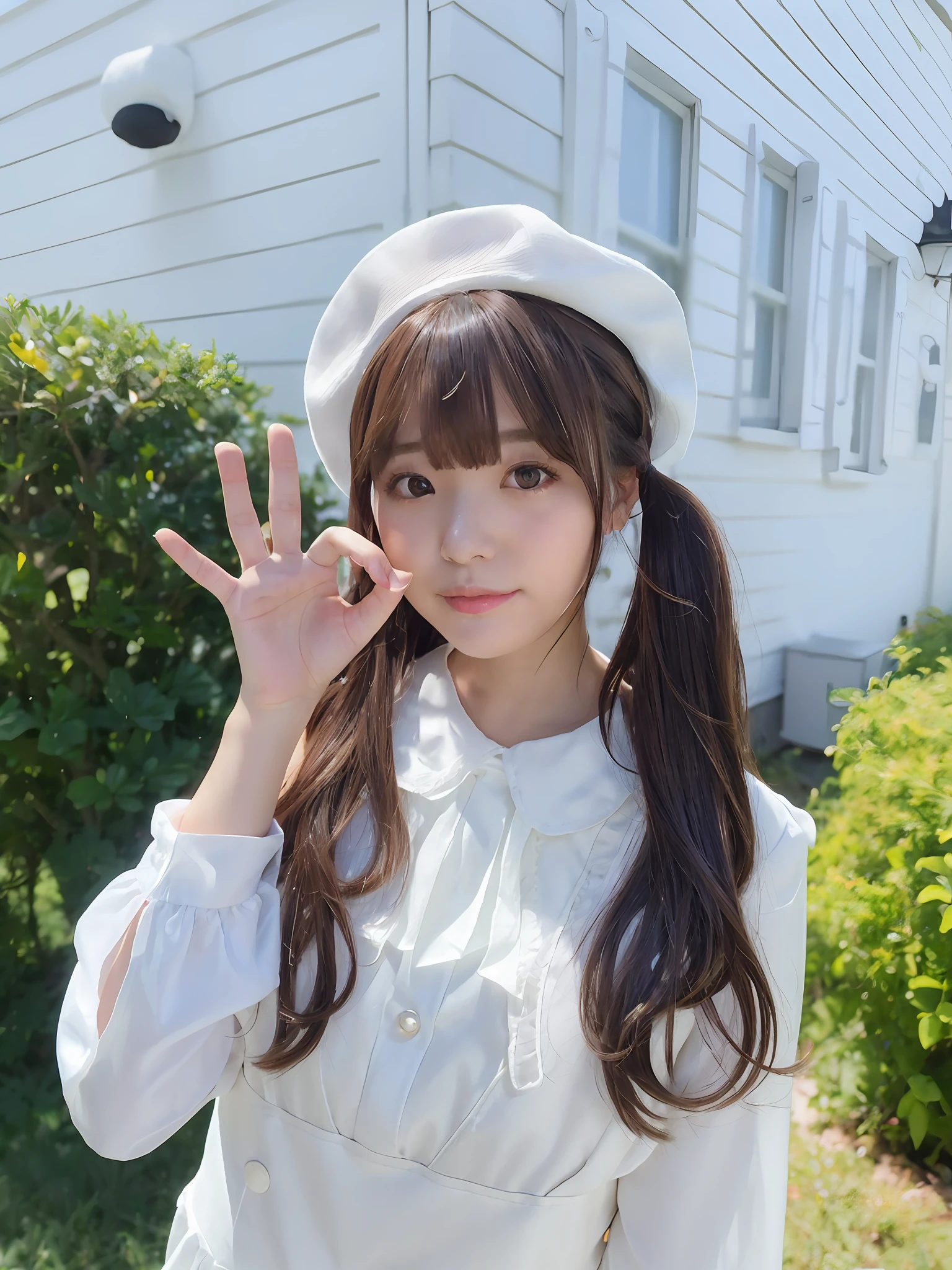 there is a woman in a white dress and hat making a peace sign, white hime cut hairstyle, twintails white_gloves, neat hair with bangs, brown hair with bangs, chiho, brown hair and bangs, kawaii hairstyle, long hair with bangs, brown long hair with bangs, ulzzang, 🍁 cute, long hair with full bangs, shikamimi