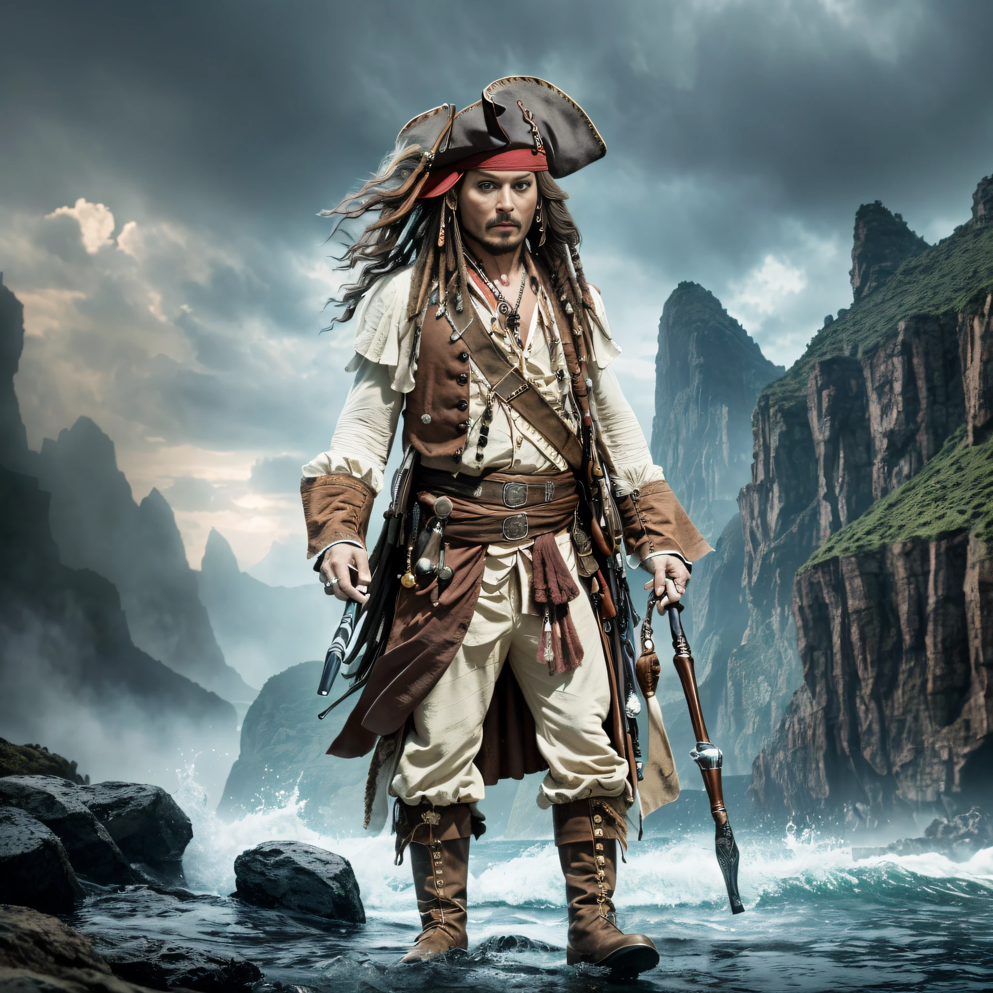 (8k RAW photos taken with Hasselblad cameras, top quality, masterpiece: 1.2), cinematic shots, full body photos, Johnny Depp, Captain Jack Sparrow, Pirates of the Caribbean, Sharp Focus, (deep photo area: 0.6), cinematic color grade