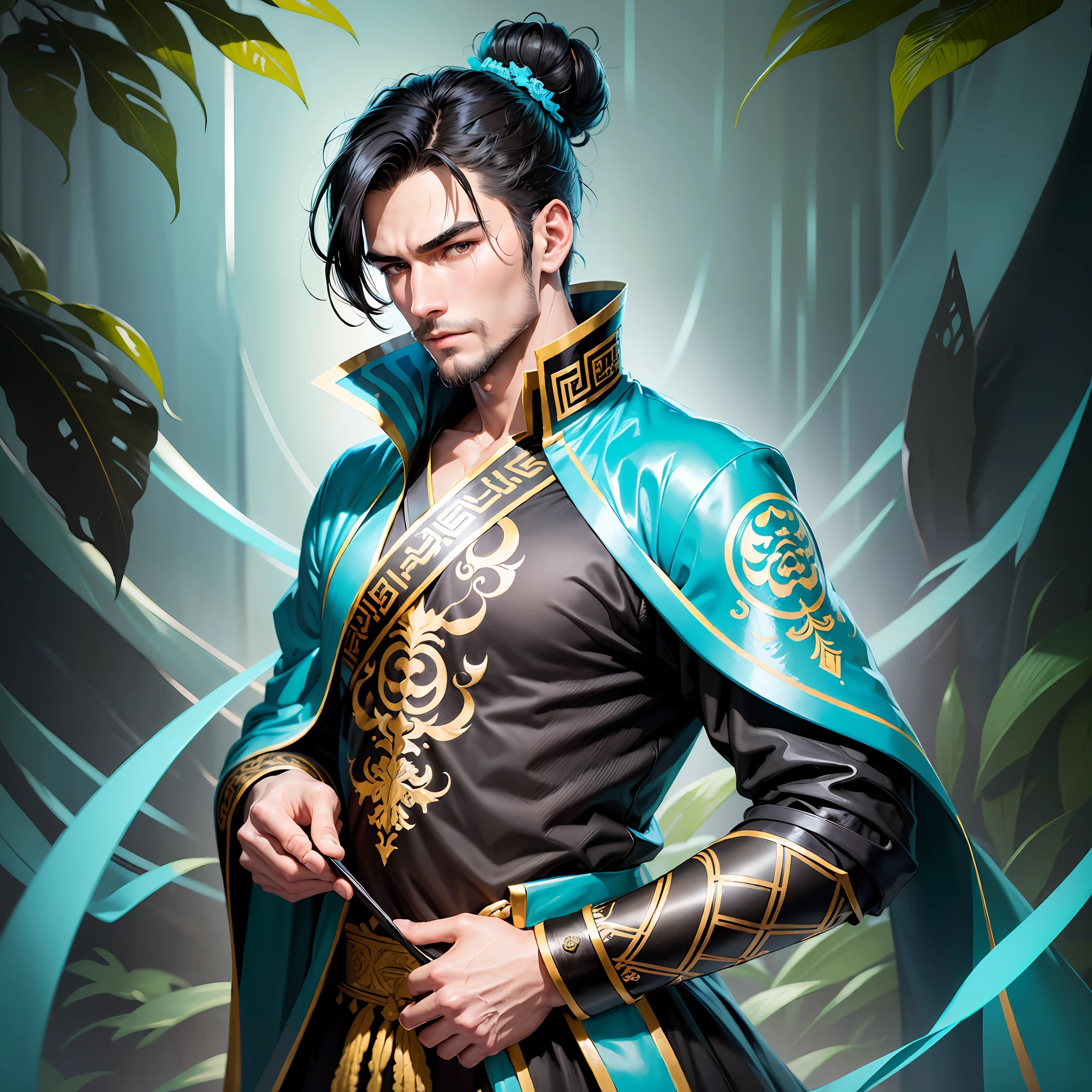 (High-quality illustration, high image quality) slender black-haired handsome guy wearing a cyan Bagua Tu robe, free and uninhibited temperament (head bun: 1.1), the overall black + cyan costume is integrated with nature, and the soft face has no beard.