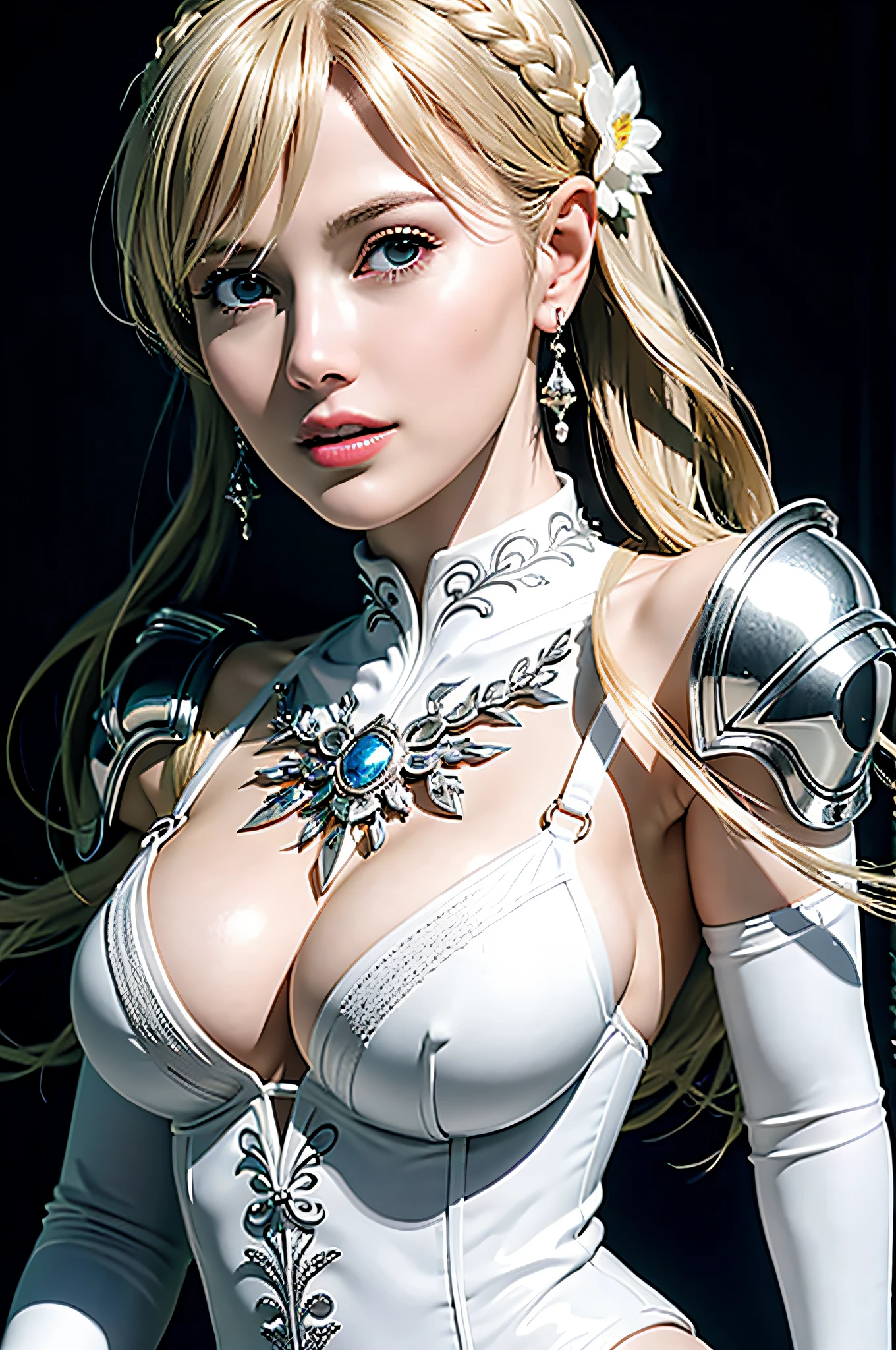 (Photorealistic: 1.5), ultra-detailed complex 3D rendering of face, (big breasts: 6.8), ultra-detailed beautiful (skindent: 2.5), (masterpiece, top quality, octane rendering, 8K), glamour shots full body images, very beautiful young elves, cleavage, swimsuit, one, micro bikini, long braided blonde hair, Futuristic urban background, facial muscles, wearing intricate white metal leggings on legs, wearing intricate white metal leggings, wearing only blonde hair, big breasts, silver and white and red, blonde hair, big breasts, silver and white and red intricate super armor, only blonde hair, clear focus, studio photography, intricate details, very detailed, detailed eyes, illustrations, highly detailed, sharp focus, digital rendering, professional