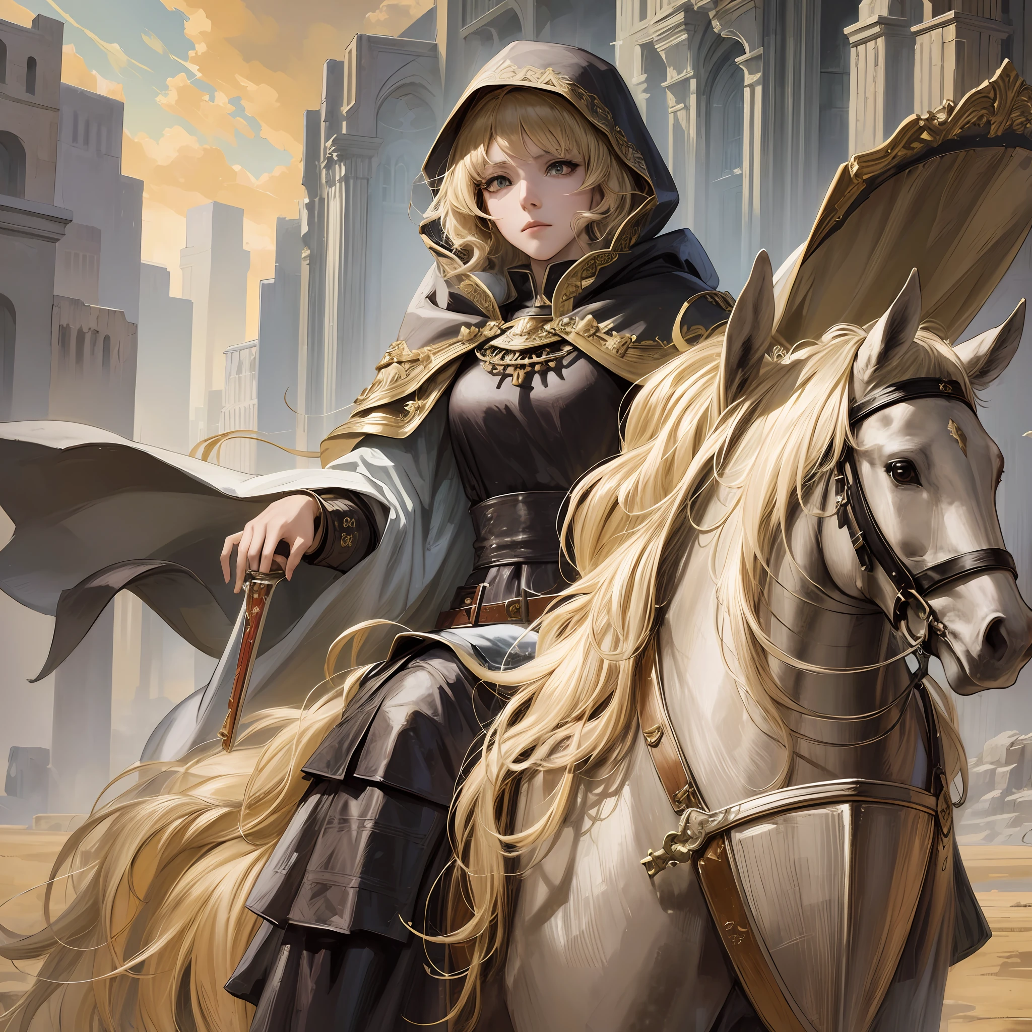 Sad wilderness background, shabby cloak, hood, horse girl, blonde hair, golden eyes, old armor, benevolent old woman, holding sword and shield, ark of tomorrow, masterpiece, best quality, high resolution, best quality, high quality, detailed key anime art, best anime, 8k, best picture quality --auto --s2