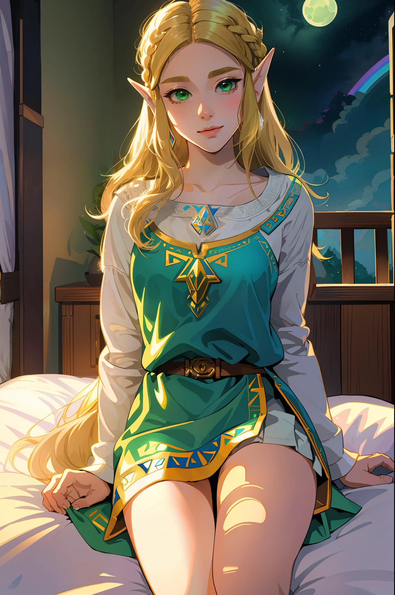 Zelda ((masterpiece)), (illustration), ((best quality)), rainbow color, high resolution illustration, Amazing, highres, intricate detail, extremely detailed CG unity 8k wallpaper ((zelda)), small breast, naked, Long blonde hair, infatuation, (green eyes), NSFW, moonlight, night, lying in bed, sexy short skirt, no panties