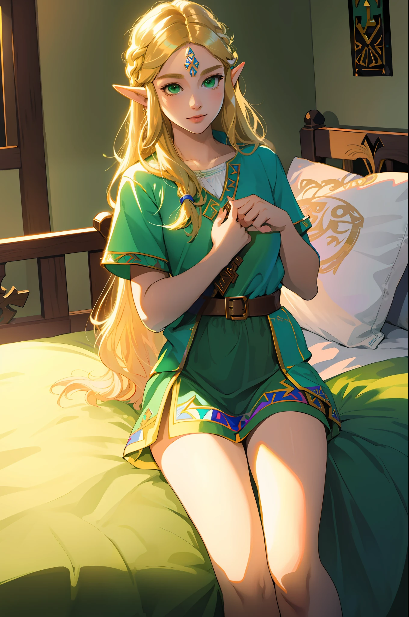 Zelda ((masterpiece)), (illustration), ((best quality)), rainbow color, high resolution illustration, Amazing, highres, intricate detail, extremely detailed CG unity 8k wallpaper ((zelda)), small breast, naked, Long blonde hair, infatuation, (green eyes), NSFW, moonlight, night, lying in bed, sexy short skirt, no panties