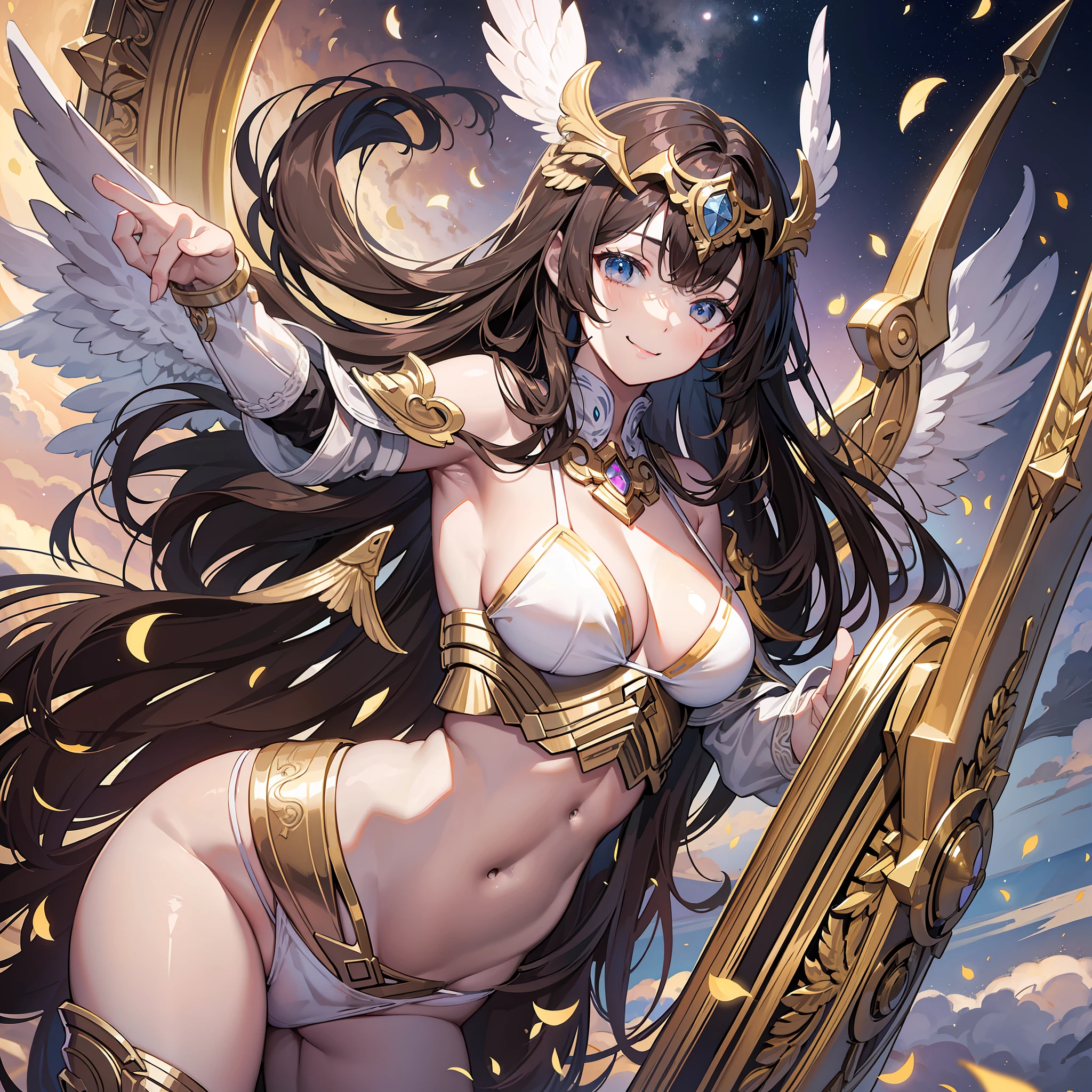 Masterpiece, Best Quality, Cinematic Lighting, Photorealism, Brunette, Curly, Long Hair, Winged Moon Helmet, White Bikini, Sexy Smile, Brilliant Shield, Teenage Korean Girl, Perfect Hands, Belly Button, Underbop