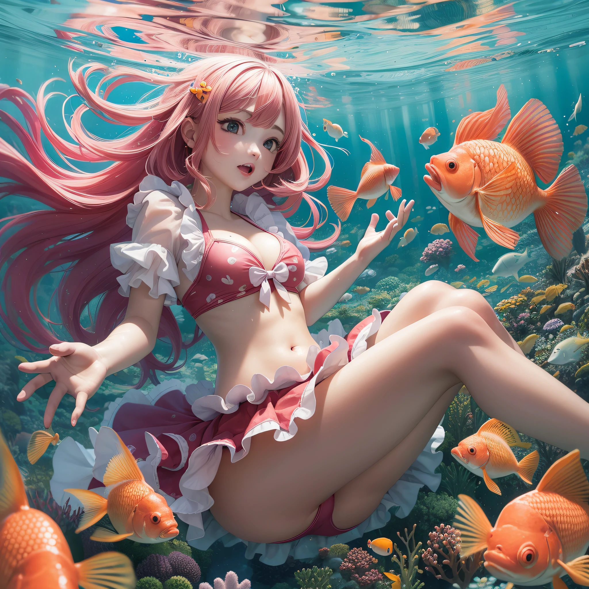 Girl underwater, goldfish surround her, goldfish, red goldfish, flowing long hair, pink hair, bubbles, bubbles in the water, pink swimsuit, bow, skirt