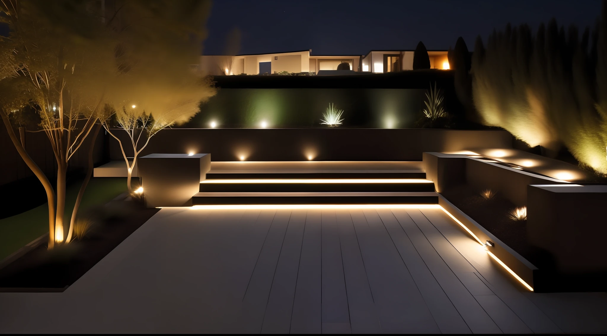 Yard at night, at night, strip lights, strip lights, outside on the terrace, quiet, real photos, accurate, masterpiece, best quality, high quality