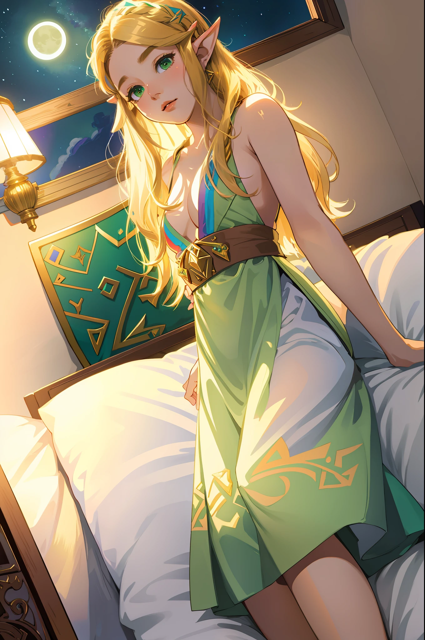 Zelda ((masterpiece)), (illustration), ((best quality)), rainbow color, high resolution illustration, Amazing, highres, intricate detail, extremely detailed CG unity 8k wallpaper ((zelda)), small breast, naked, Long blonde hair, infatuation, (green eyes), NSFW, moonlight, night, lying in bed, sexy short skirt, no panties