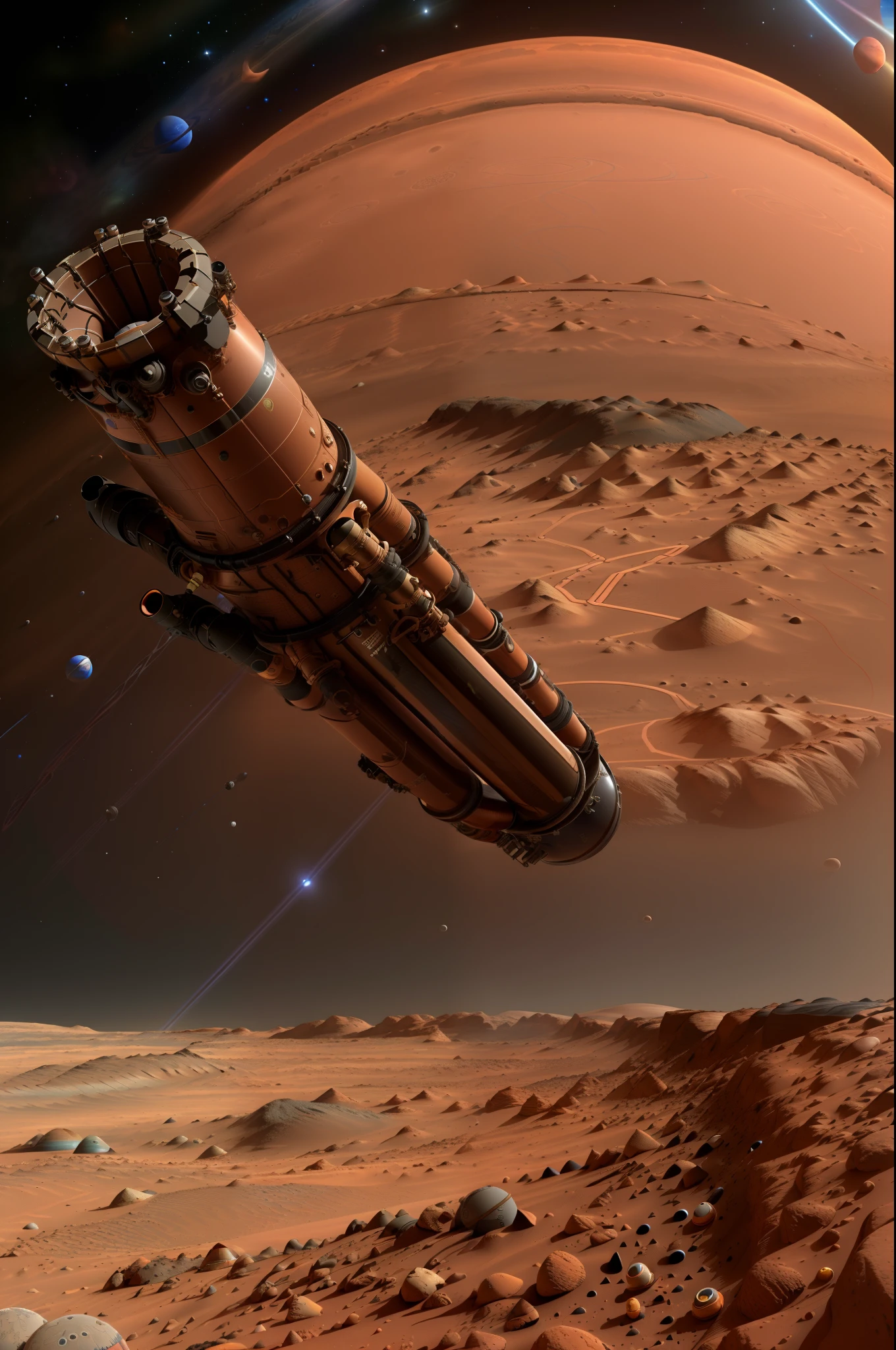 (view from space:1.1), (((interplanetary pipes stretching between mars and earth))), ((interplanetary transportation of gas from mars to earth using incredibly long interplanetary pipes)), development of gas fields on mars, industrial pumping of gas on mars, photorealistic, very photoreal, realism, 3d