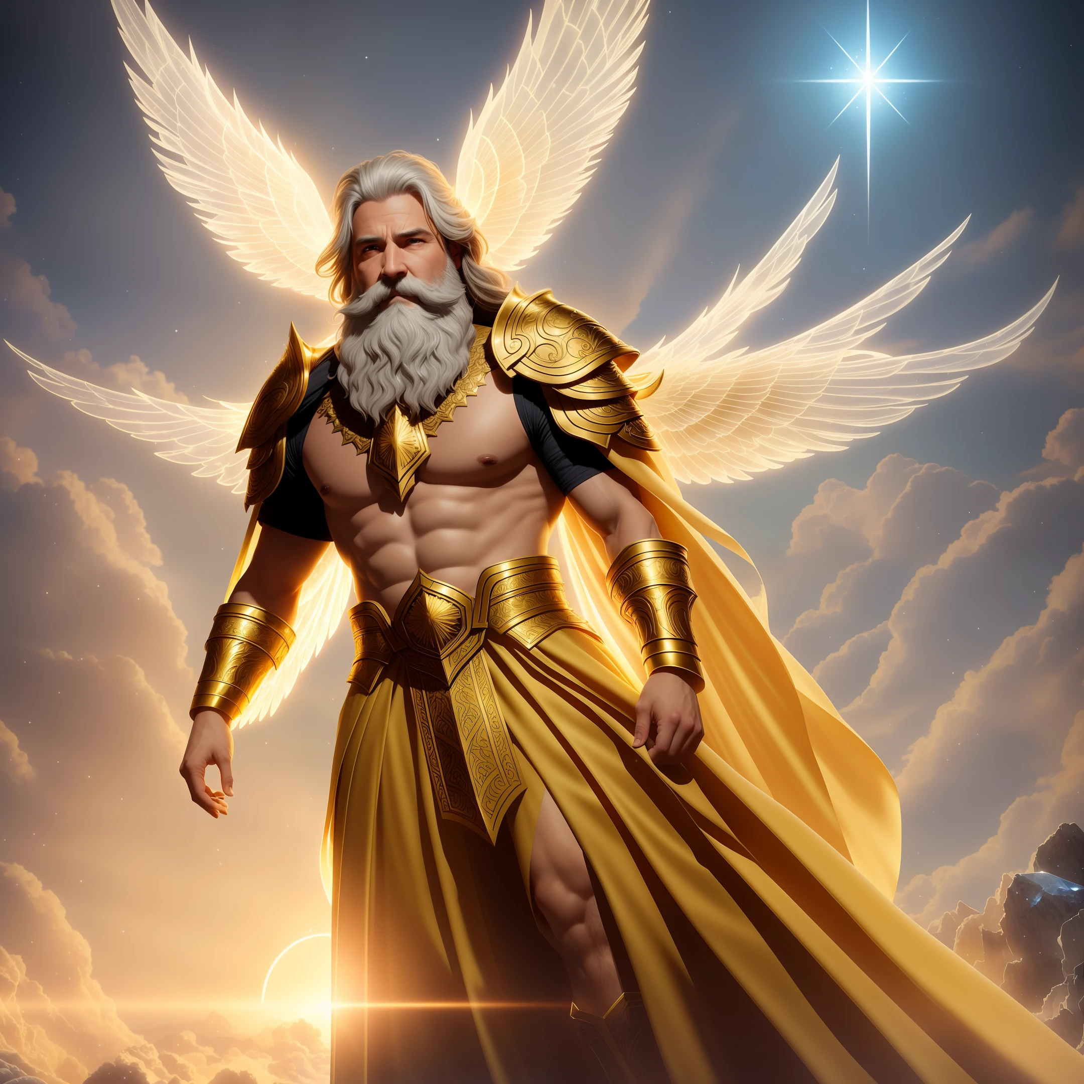super high resolution, best quality, photo, 8k, (photorealistic: 1.2), cinematic lighting, An old man shaped like a fantz wlop, giant man with beard in bright white robes and floating on the crystal throne floating on crystal clouds, yellow eyes, bright yellow light emitted from the throne, precious stones floating in the sky, God, with beams of light enveloping his body, with large translucent, feathered wings on the crystal throne, wings are open, golden light (halo:1.2) over your head, abdominal muscles dressed in medieval golden armor, beard, masculine, dark, masterpiece, best quality, intricate details, snow environment and crystals in the background, crystal cathedral, portal of the future, 3D light, HD, magic, god of light, backlighting, detailed face, DREAD, depth of field, soft lighting, tone mapped, highly detailed, concept art, smooth, sharp focus, dramatic lighting, highly detailed art, cinematic, 8K, amazing shadows (highly detailed background: 1.2)