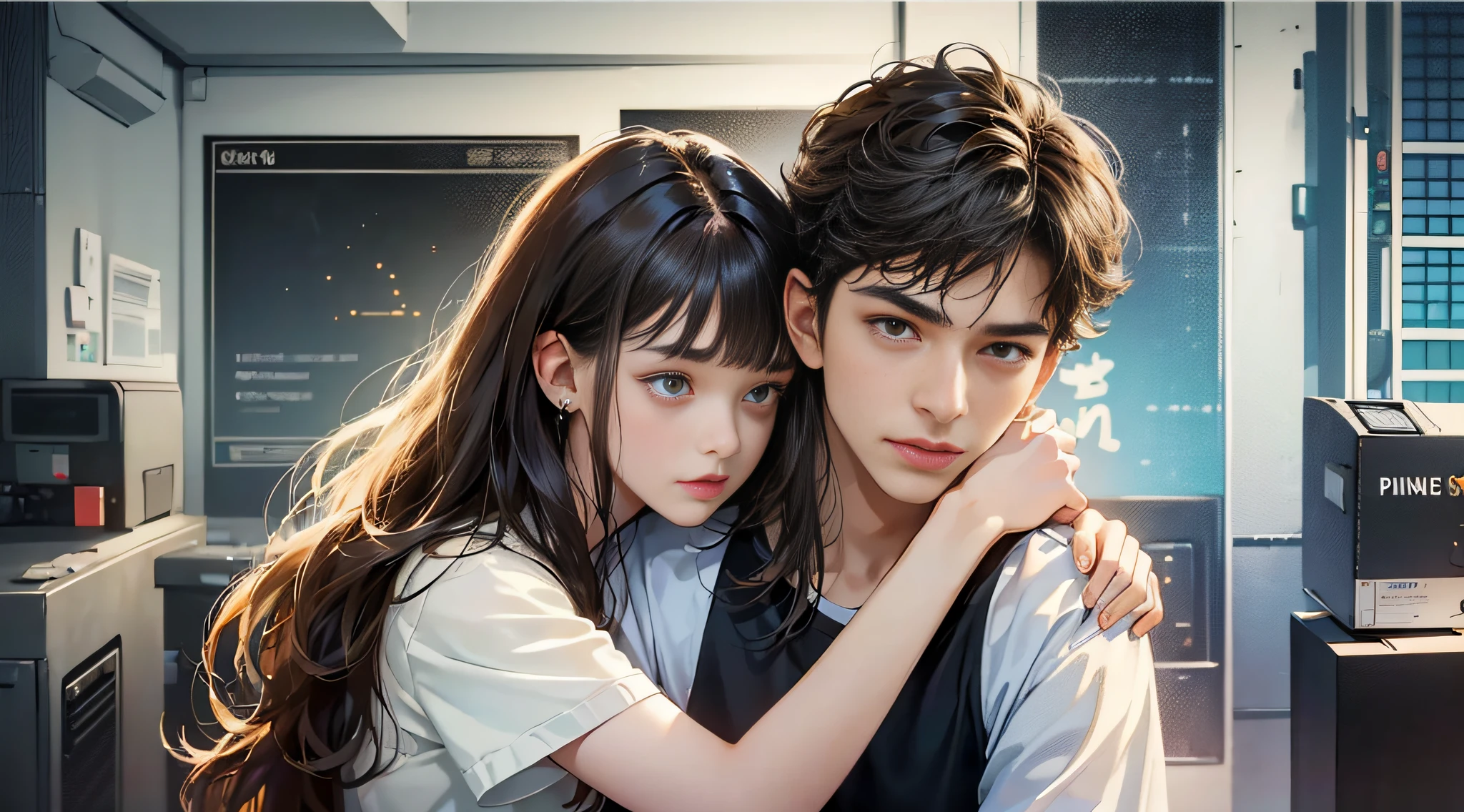 Boy hugging girl tightly, (girl: 23 years old, curly, long hair, brunette hair, casual wear, slim), (boy: 23 years old, short hair, straight hair, brunette hair, bangs, casual wear), background is public security bureau, diorama drawing, anime, UHD, textured skin, high quality, high detail --auto --s2