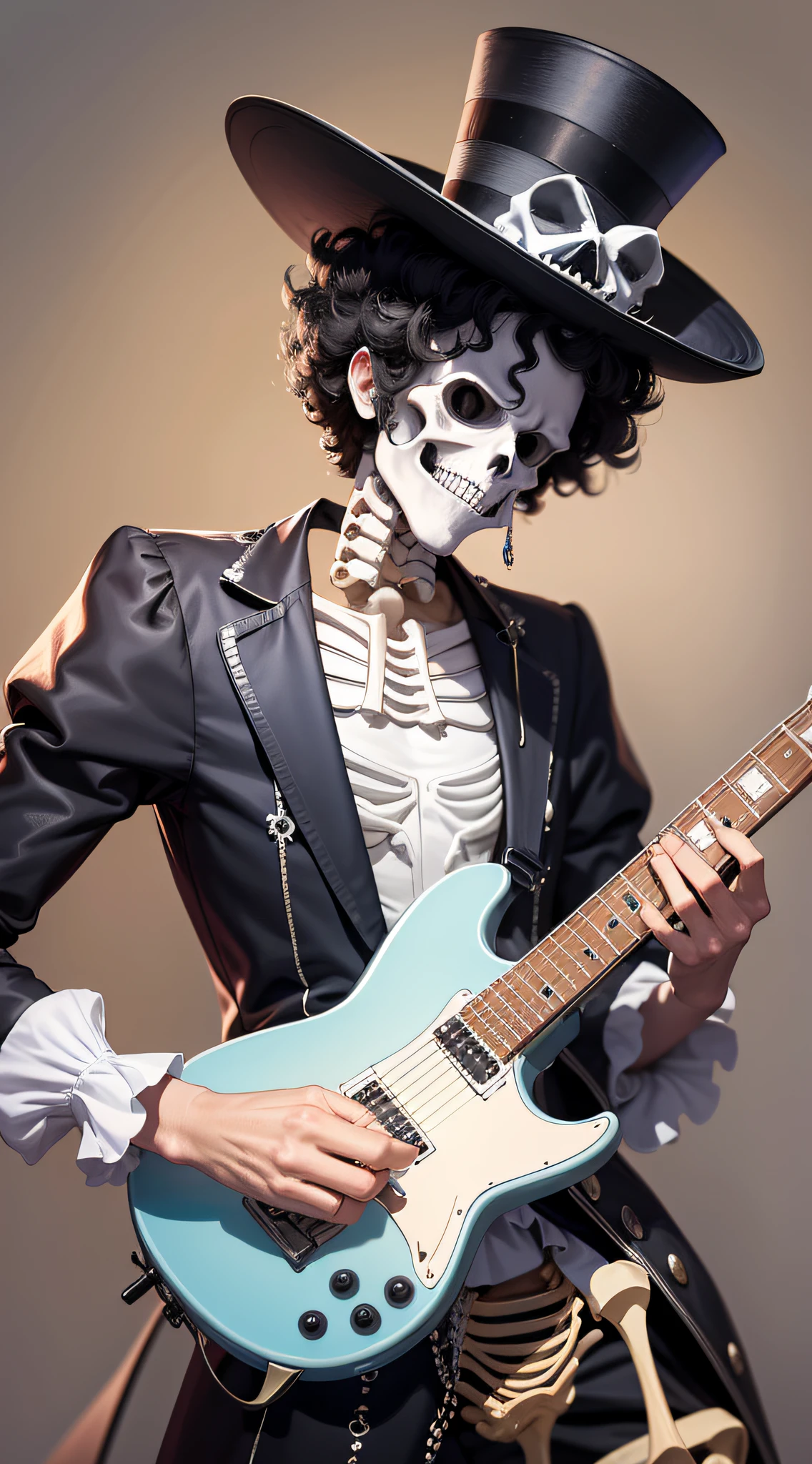 masterpiece, best quality,8k,highestres, absurdres, extremely detailed, brook\(one piece\), afro hair, solo, looking at viewer, an extremely tall skeleton dressed in formal attire complete with top hat and guitar, ((skeleton hands and body)),///,