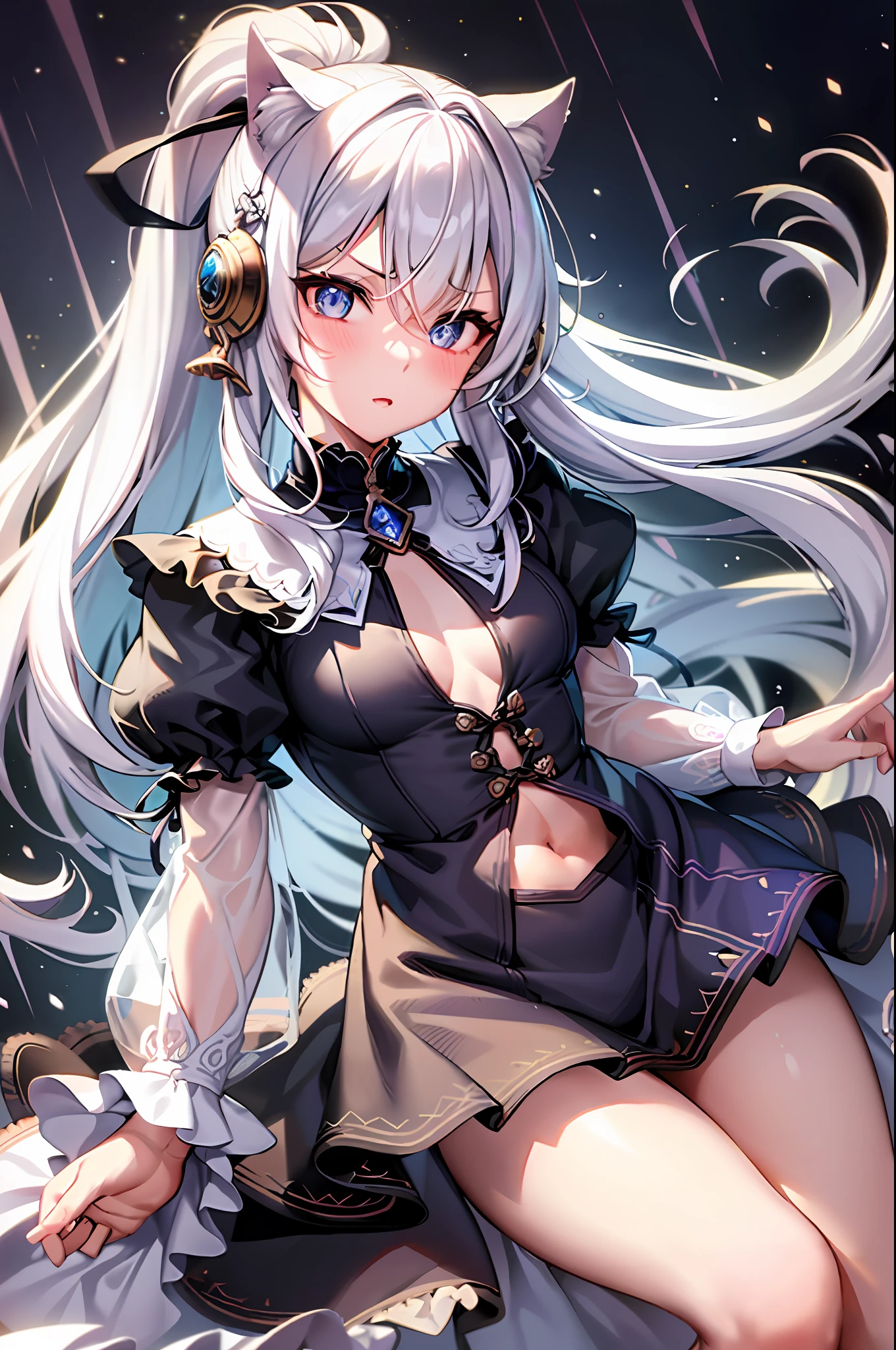 girls front, animation, very beautiful detailed anime face and eyes, realistic, full body, focus on eyes, beautiful detailed full body, , long hair, messy hair, crying bangs, disheveled hair, ahoge, delicate face rain, baby face, nice bflat_chest, blue eyes, boots, black clothes, ground space, floating, divine light, absurd, Art book, highly detailed 8K wallpaper, very precise detail, Dutch angle, (laughter), big two cat ears, white hair, breasts are big, absolute area, skirt, left hand on chest, perfect ultimate invincible idol, embarrassed, goth loli, upper eyes, good style, big eyes, eyes are beautiful, high quality, 4k, white hair, idol, background is fantastic, front painting, portrait alone, Focus on the eyes, Upper eyes, Embarrassed, Shy, Eyes hanging eyes, Thighs, Pure white dress, Eight-headed, Angry, Cool, Stylish, Angle of pull, Face slightly above the center of the screen, No pants, Skirt can be seen but not visible, Legs are plump, Navel is visible, One face, Ponytail, Norse mythology, Many ribbons, Hands behind