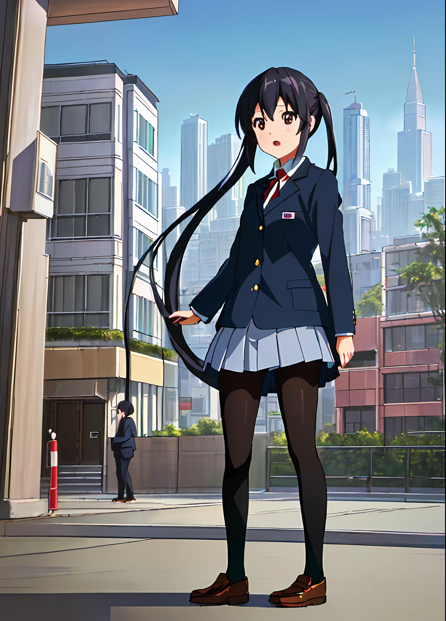 1girl, ((((Masterpiece))), Best Quality, Best Quality, High Detail, Azusa Nakano, 1girl, Sakuragaoka High School Uniform, Musical Instrument, School Uniform, Twin Tails, Long Hair, Black Hair, Brown Eyes, Solo, Red, Dark blue blazer with a thin ribbon of red, Solid white button shirt under blazer, Illustration, Cartoon, Soothing tones, Muted colors, Soft cinematic light, Adobe Lightroom, Photo Lab, HDR, complex and highly detailed, (((depth of field))))). (((Masterpiece))). (((highest quality))).) ((super detail))). (((Illustration))). (((Outside))). (((fighting stance))).,((((Giantization))).dynamic focus.small breasts. (((skyscrapers))). (((Cityscape))). (((Face of sadness))). open mouth.