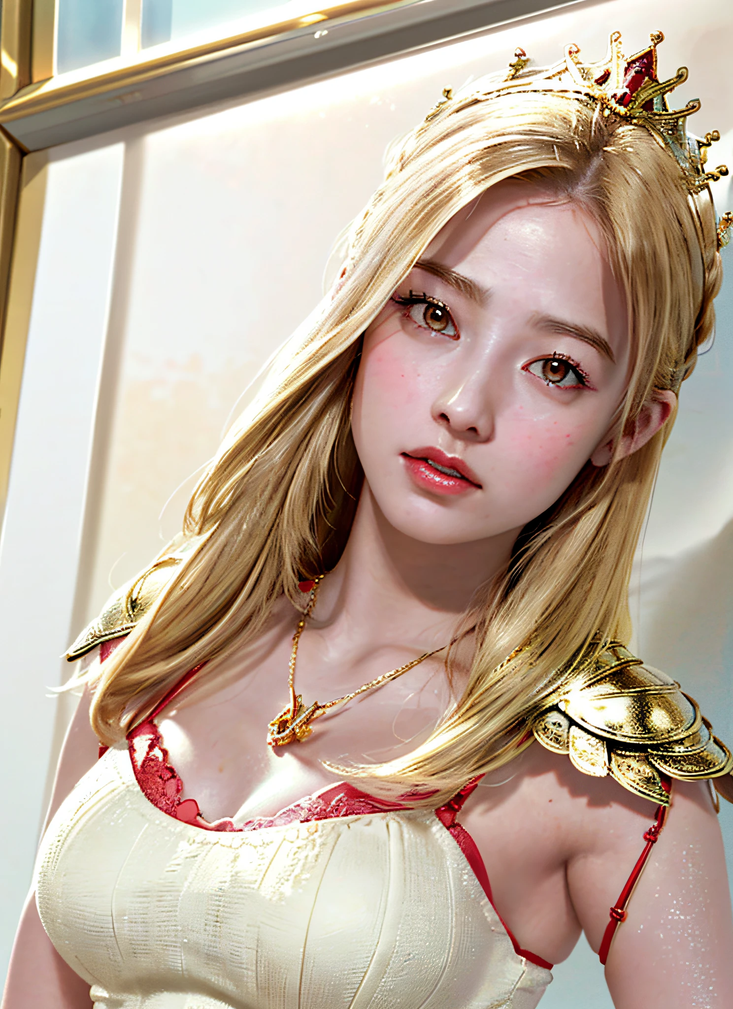 Ultra detailed complex 3D rendering of face, (big breasts: 6.8), huge breasts, red bra, long hair, viewer show, , parted lips, (shiny skin),realistic sensual gravure idol, (cleavage), intricate details, ultra detailed complex 3d rendering of face, with beautiful porcelain profile, (jeweled ultra-detailed large crown: 1.2), big,, ( Bra Red), Sexy Swimsuit, (Ultrareal), (Magic Wand), (High Resolution), (8K), (Very Detailed), (Beautiful Detailed Eyes), (Best Quality), (Ultra Detailed), Intricate Detail Jewels ((Gorgeous Gold Armor: 1.3), 1 Girl, Solo, Long Hair, Wind, Gorgeous Face, Best Quality, Masterpiece, Maximum Detail, Diffused Lighting, (Blonde: 1.3), Valhalla Valkyrie, mechanical arm, beauty, facial muscles