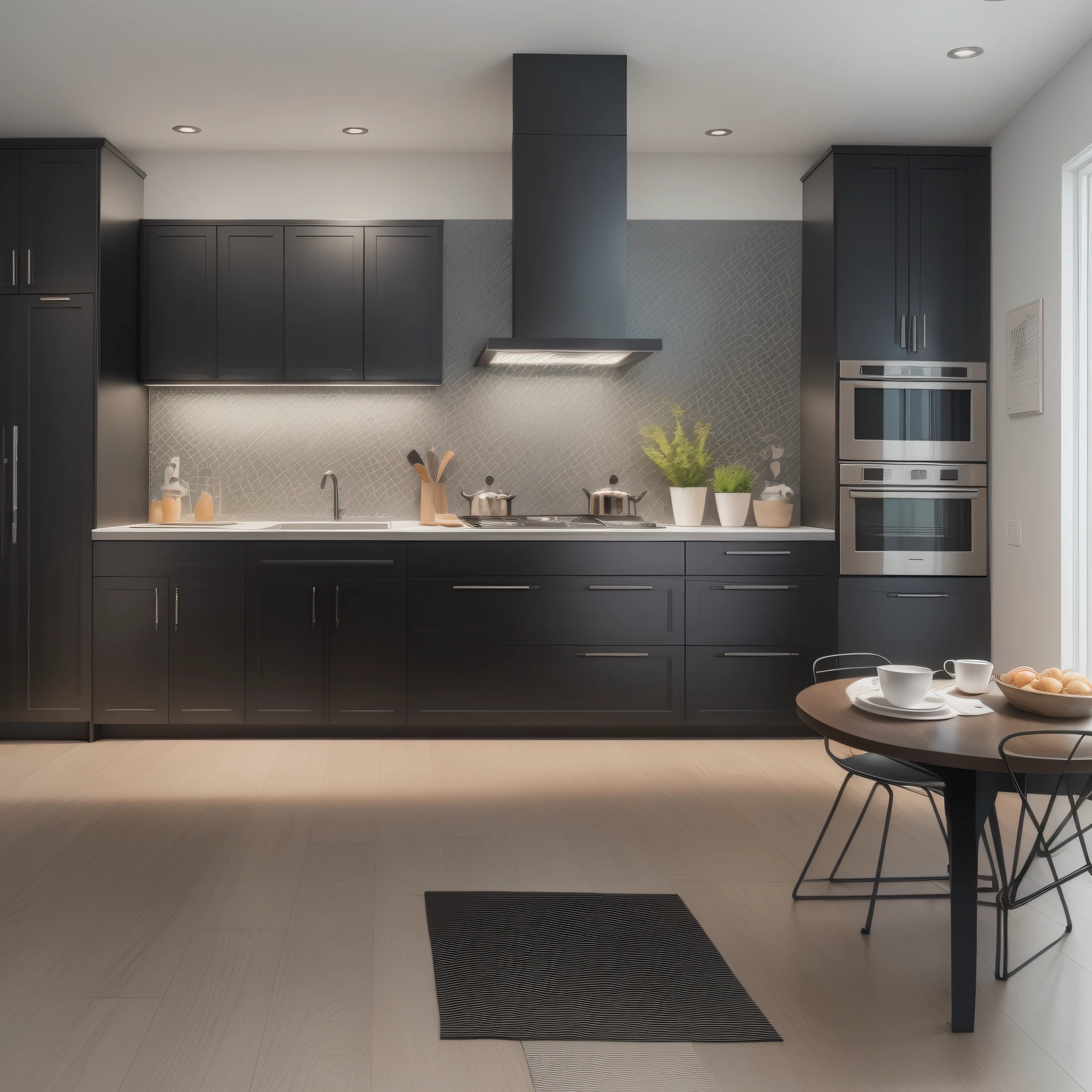 This modern kitchen design is based on the principle of simplicity and practicality, the main colors are white, gray and black, adding some metal elements, the overall style is simple and stylish, with a sense of premium.

Kitchen cabinets
It adopts white high-grade cabinets, the surface of the cabinet is made of high-quality matte finish, the cabinet door adopts a simple line design, equipped with stainless steel handles, and the overall look is very delicate. The cabinet body is made of high-quality solid wood panels, which is strong and durable, and easy to clean.

Kitchen countertops
The countertops are made of black granite and are durable enough to withstand a variety of kitchen operations. The countertop and the cabinet are perfectly combined, and the overall beauty is generous.

Kitchen appliances
Kitchen appliances adopt big brands of high-quality appliances, such as stainless steel hoods, large-capacity built-in ovens, built-in microwave ovens and so on. All appliances are up to date with convenience and practicality as the main consideration.

Lighting design
The lighting design uses suspended ceiling lights and recessed rail lights to provide sufficient, soft light to the kitchen, making it spacious and bright. A personalized chandelier was also designed on the kitchen island to illuminate soft lighting and add a warm feeling to the kitchen.

Accessories matching
Kitchen accessories are simple and practical, with black as the main color, such as black lacquered metal faucet, black microcrystalline non-slip floor tiles and so on. In the matching of accessories, pay attention to both practicality and aesthetics.

This is a modern kitchen design, I believe this design can meet your needs, so that you can experience more happiness and beauty in the kitchen. --auto --s2