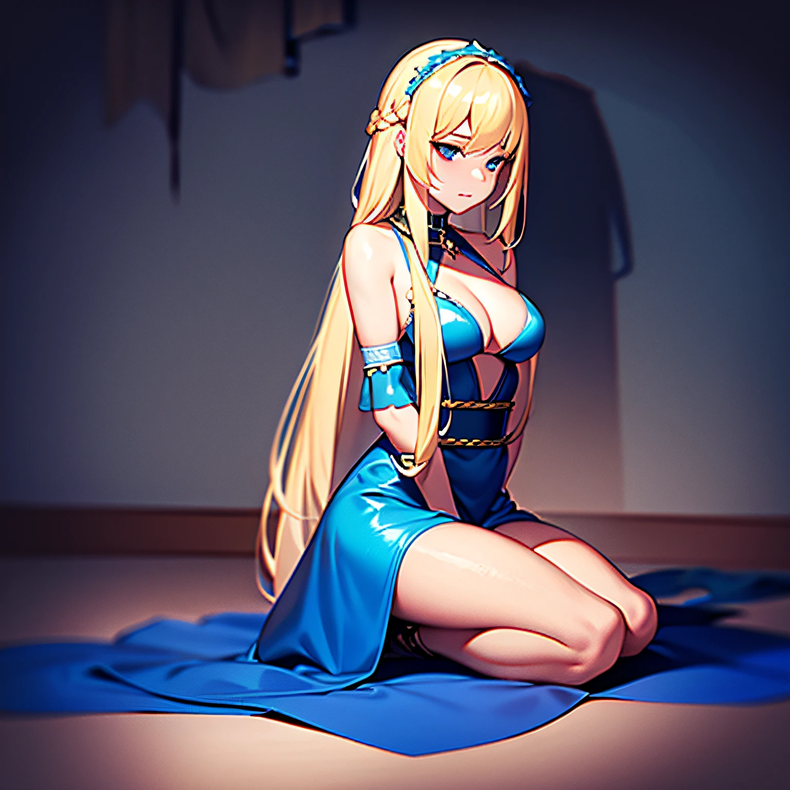 solo focus, a blonde princess with long braided hair becomes a slave, dungeon, slave collar, blue dress, undressing, kneeling, sexual tension, begging expression