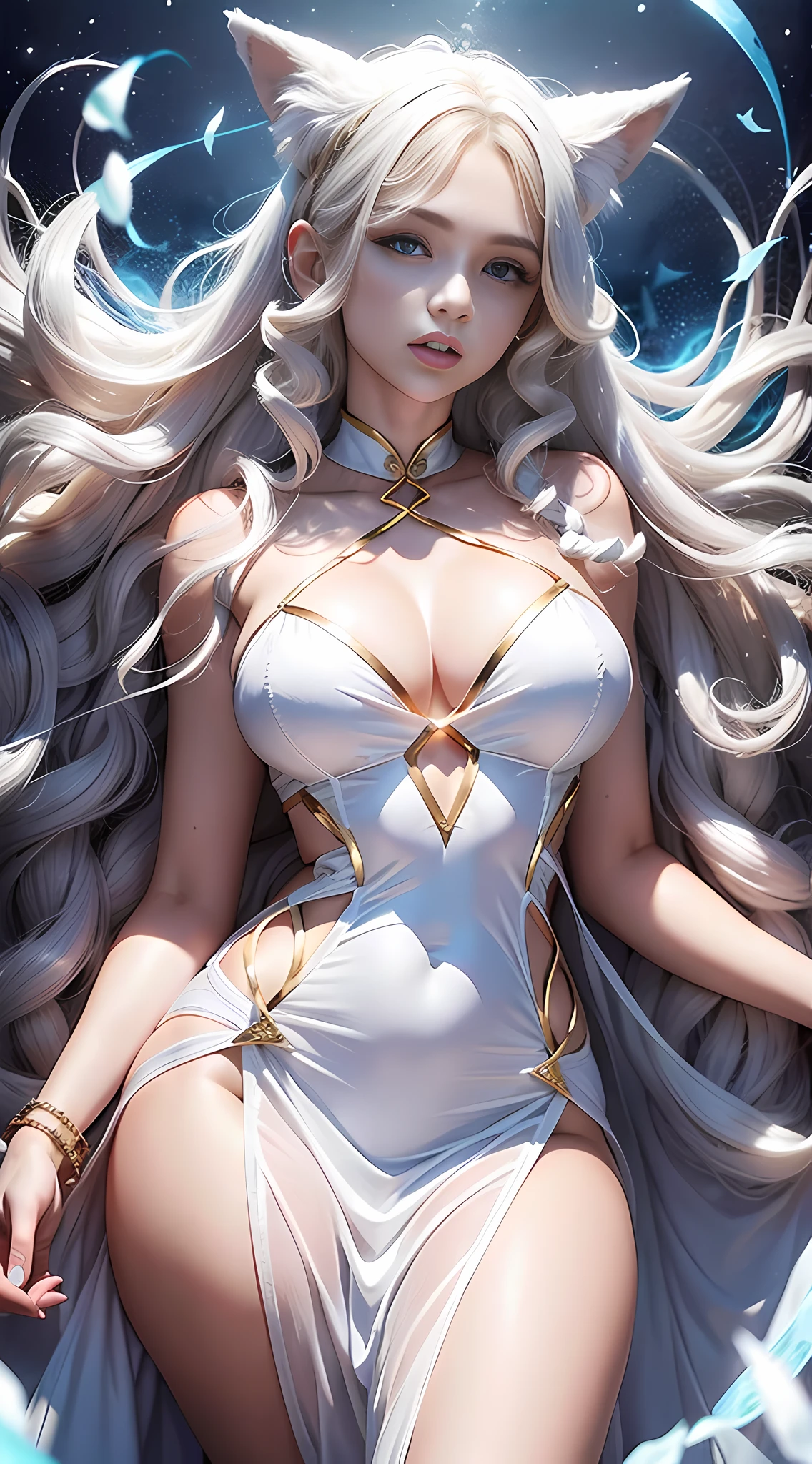 Women with ,golden curly hair,Blue eyes,white fox ears,,white translucent long dress with thin straps