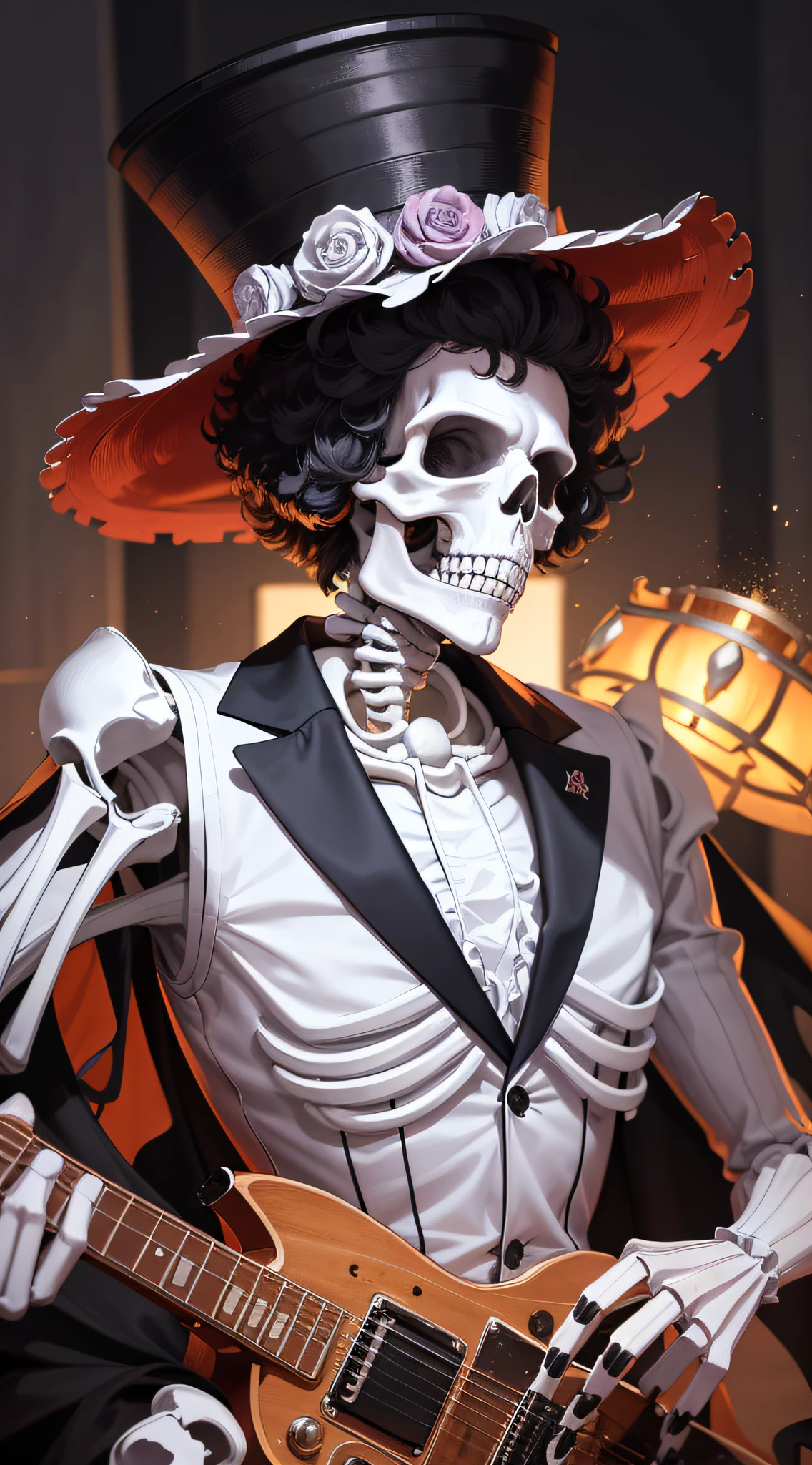 masterpiece, best quality,8k,highestres, absurdres, extremely detailed, brook\(one piece\), afro hair, solo, looking at viewer, an extremely tall skeleton dressed in formal attire complete with top hat and guitar, ((skeleton hands and body)),///,