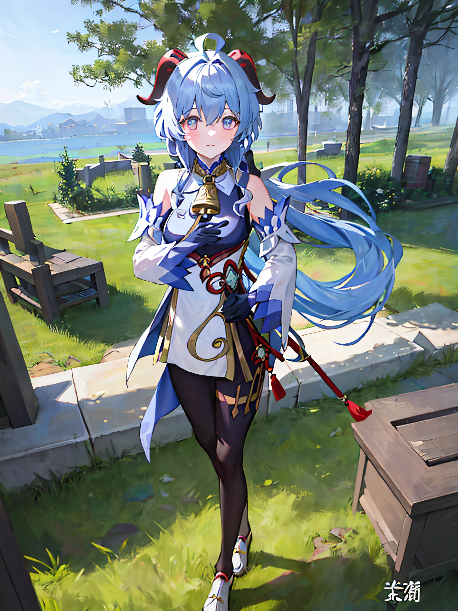 (photorealistic:1.4), (masterpiece, sidelighting, finely detailed beautiful eyes: 1.2), masterpiece*portrait, realistic, 3d face, ganyu \(genshin impact\), 1girl, ahoge, architecture, Bangs, bare shoulders, bells, black gloves, black tights, (blue hair), blush, beautiful breasts, Chinese knots, sleeves, flower knots, gloves, horns, long hair, looking at the audience, medium chest, neckbell, bow and arrow in hand, outdoors, grassland, fighting monsters