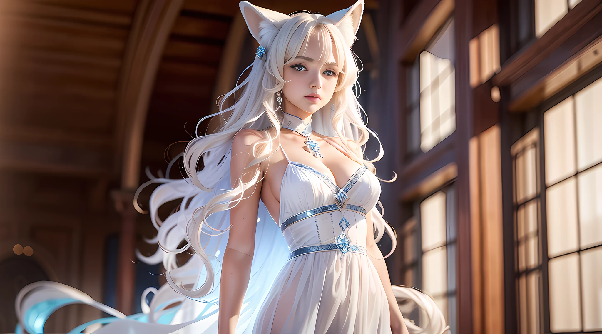 Women with ,golden curly hair,Blue eyes,white fox ears,,white translucent long dress with thin straps