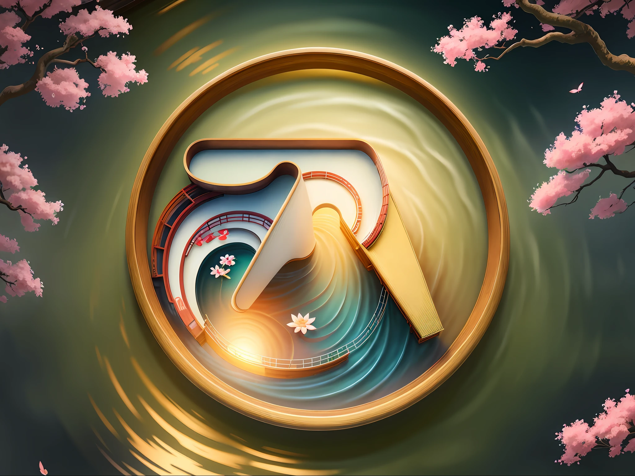 (digital painting),(best quality), serene Japanese garden, cherry blossoms in full bloom, koi pond, footbridge, pagoda, Ukiyo-e art style, Hokusai inspiration, Deviant Art popular, 8k ultra-realistic, pastel color scheme, soft lighting, golden hour, tranquil atmosphere, landscape orientation, swirling water, movement