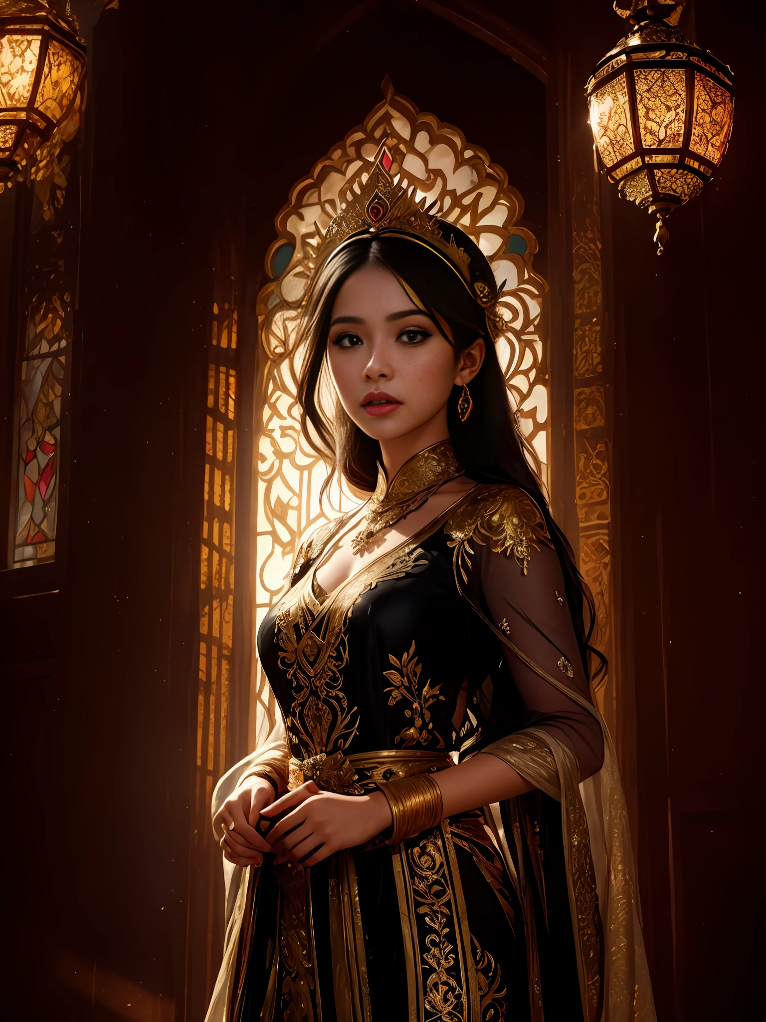 ((Masterpiece)), Exotic potrait of beautiful mira filzah, half body, editorial pose, holding keris, malay women, malay traditional headpiece, sheer black n gold coloured kebaya, highly decorated covered sheer dress, bright light, dramatic lighting, majestic lighting, no cleavage, mira filzah, dreamy retro photograph, in highly decorated ancient malay palace, light leak, songket, malay, coloured stained glass window light