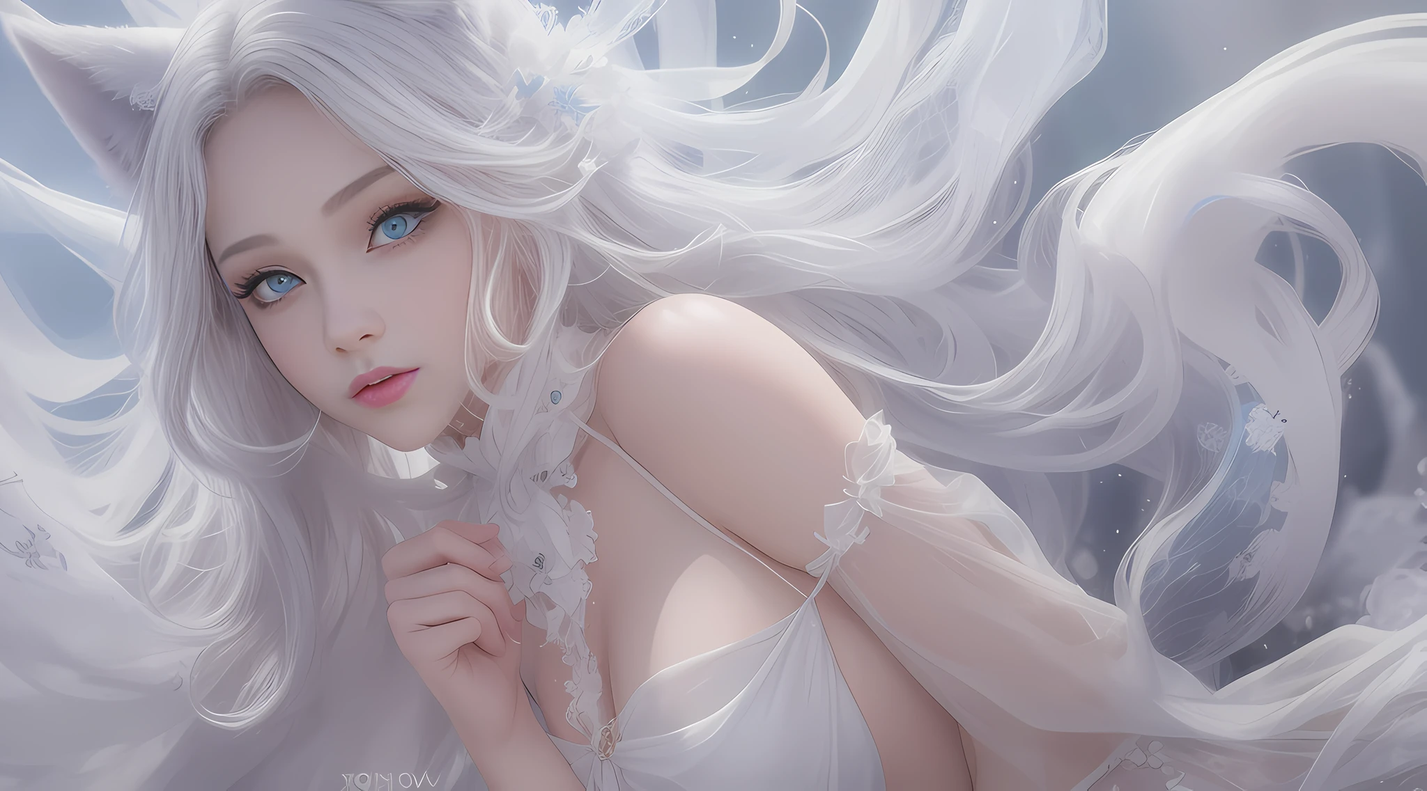 Women with ,golden curly hair,Blue eyes,white fox ears,,white translucent long dress with thin straps