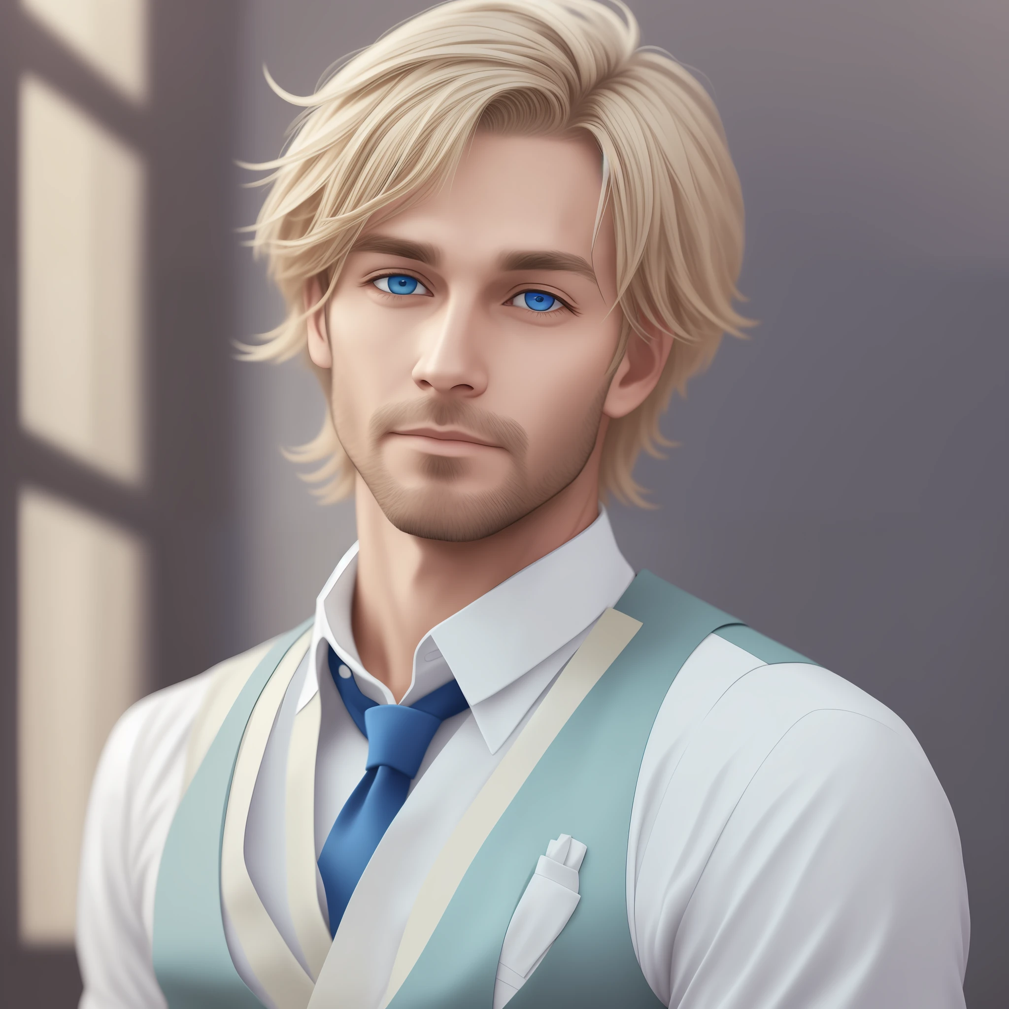 Create an image of a single man who is a 35-year-old human hybrid with rabbit characteristics. He has beige hair and captivating blue eyes that exude a sense of wisdom and depth. Despite his age, he maintains a youthful appearance with a touch of maturity. The man is dressed in a crisp white dress shirt, a light blue vest, and a matching tie, which adds a touch of sophistication to his attire. His innocent and endearing presence shines through, combining a youthful charm with a sense of maturity. Capture the unique blend of youthfulness, maturity, and innocence in his expression.