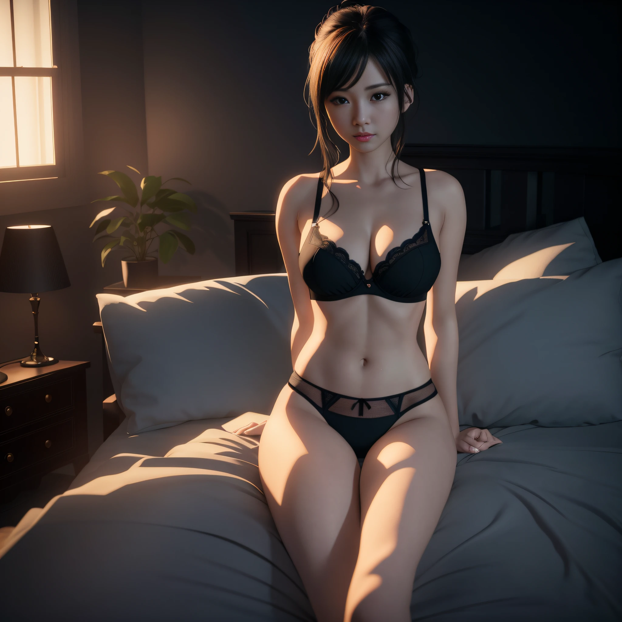 there is a woman in a black bra top sitting on a bed, 8 k sensual lighting, realistic soft lighting, anime. soft lighting, seductive anime girl, 3 d anime realistic, highly detailed soft lighting, photorealistic anime girl render, realistic shaded perfect body, realistic anime 3 d style, smooth anime cg art, realistic afternoon lighting, realistic shaded lighting