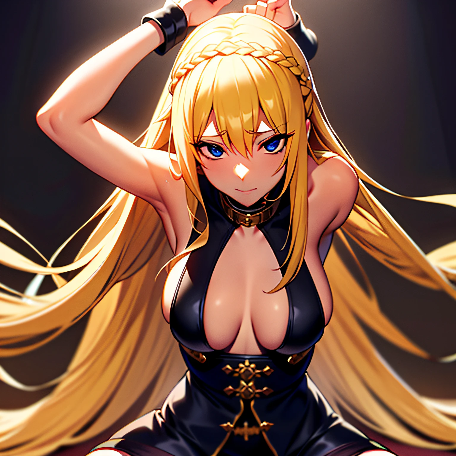 solo focus, a blonde princess with long braided hair is enslaved, dungeon, slave collar, silk underwear, hanging by wrists, sexual tension, aroused expression, turned on