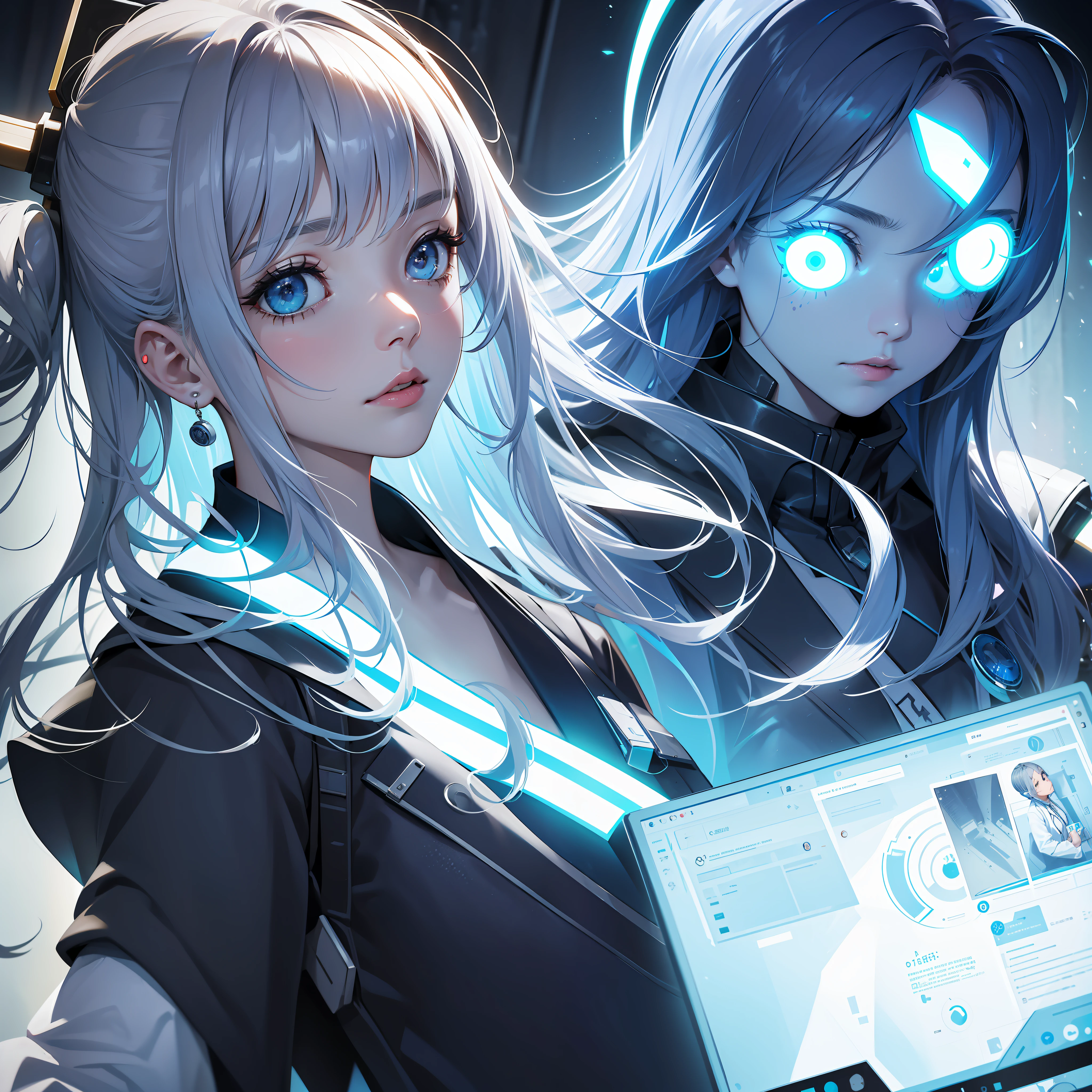 Masterpiece, (best quality), highly detailed, super detailed, 1 girl, doctor, gradually weakened, haggard face, a mysterious system interface appears next to her, showing her number of failures and physical state, (blue: 0.8), (gray: 0.6), (white: 0.4), (despair: 1.5), (mysterious: 1.2), (system: 1.5), (doctor: 1.5), (comparison: 1.2)