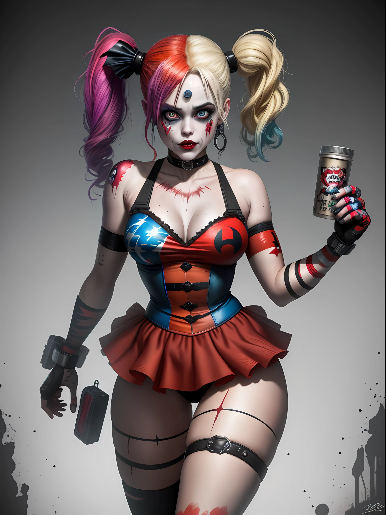 harley quinn, zombie, office room, masterpiece, ultra detailed, highest quality photography, 4k quality, best quality, textured skin, anatomically correct, super detail, realistic, realistic eyes, perfect face, perfect eyes, best quality wallpapper, colorful, full body