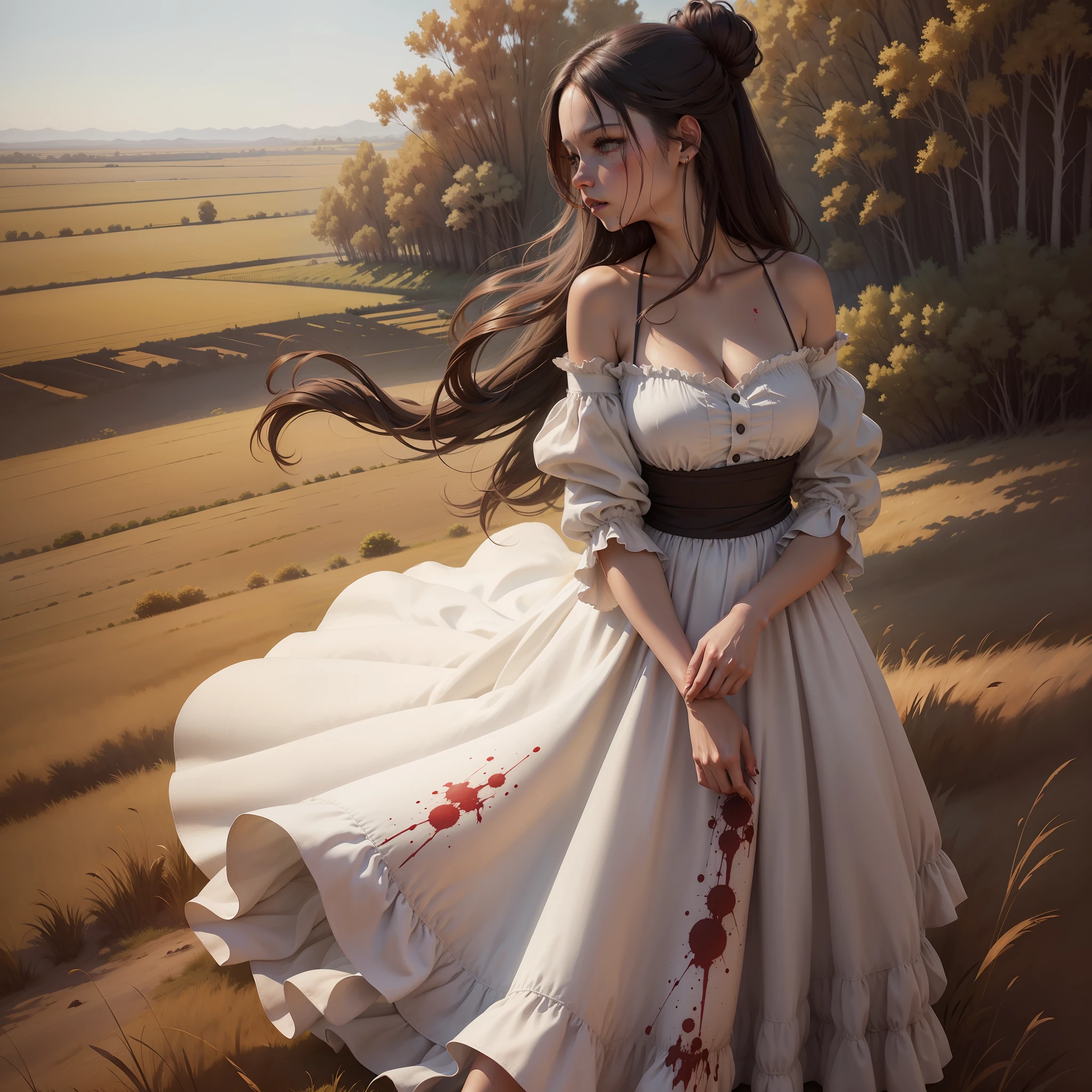 A woman in a long dress, from the waist down stained with blood, an open field in the background.