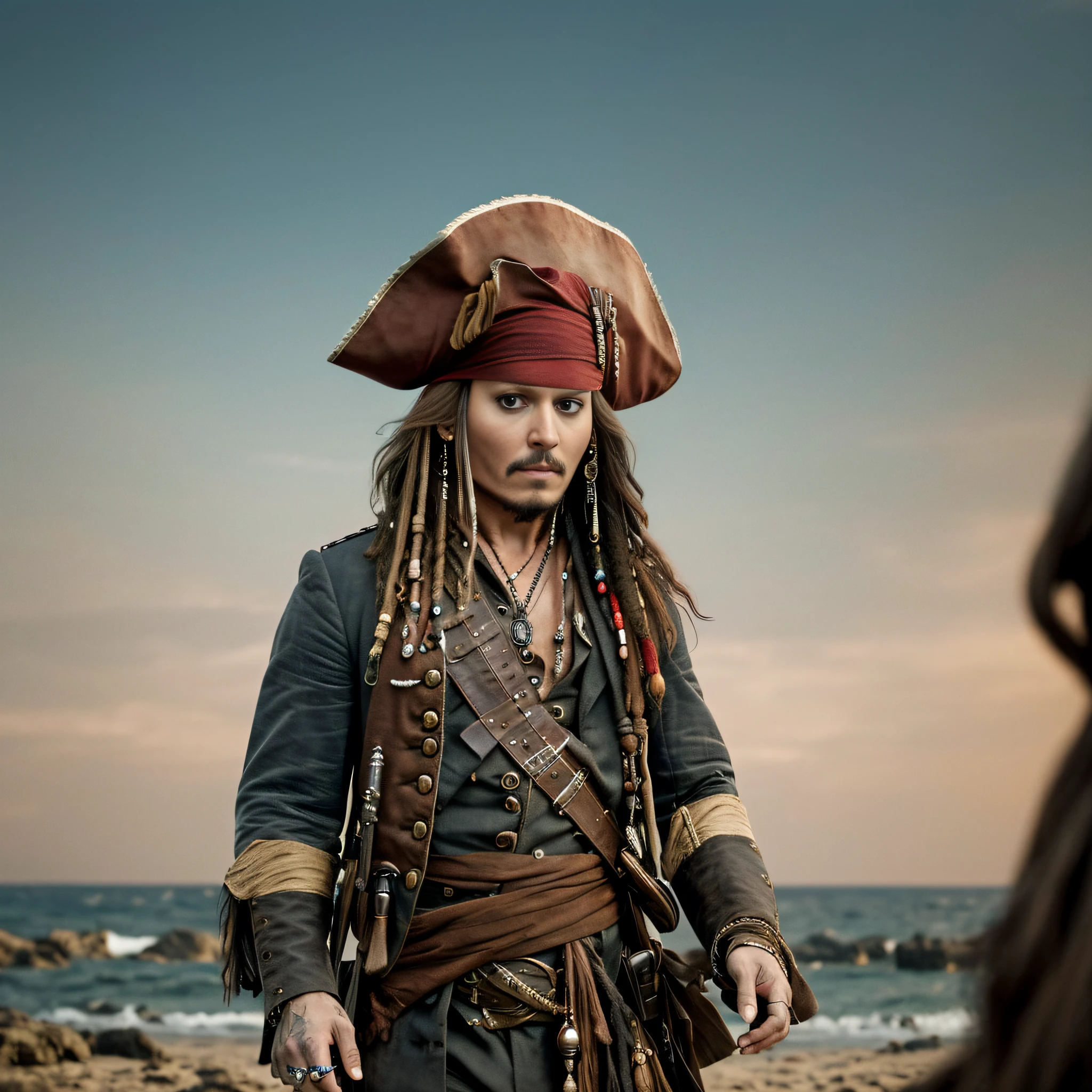 (8k, RAW photos, top quality, masterpiece: 1.2), cinematic shots, full body photos, Johnny Depp, Captain Jack Sparrow, Pirates of the Caribbean, black around the eyes, dirty skin makeup, shot with Hasselblad camera, sharp focus, (depth of field: 0.6), cinematic color grade,