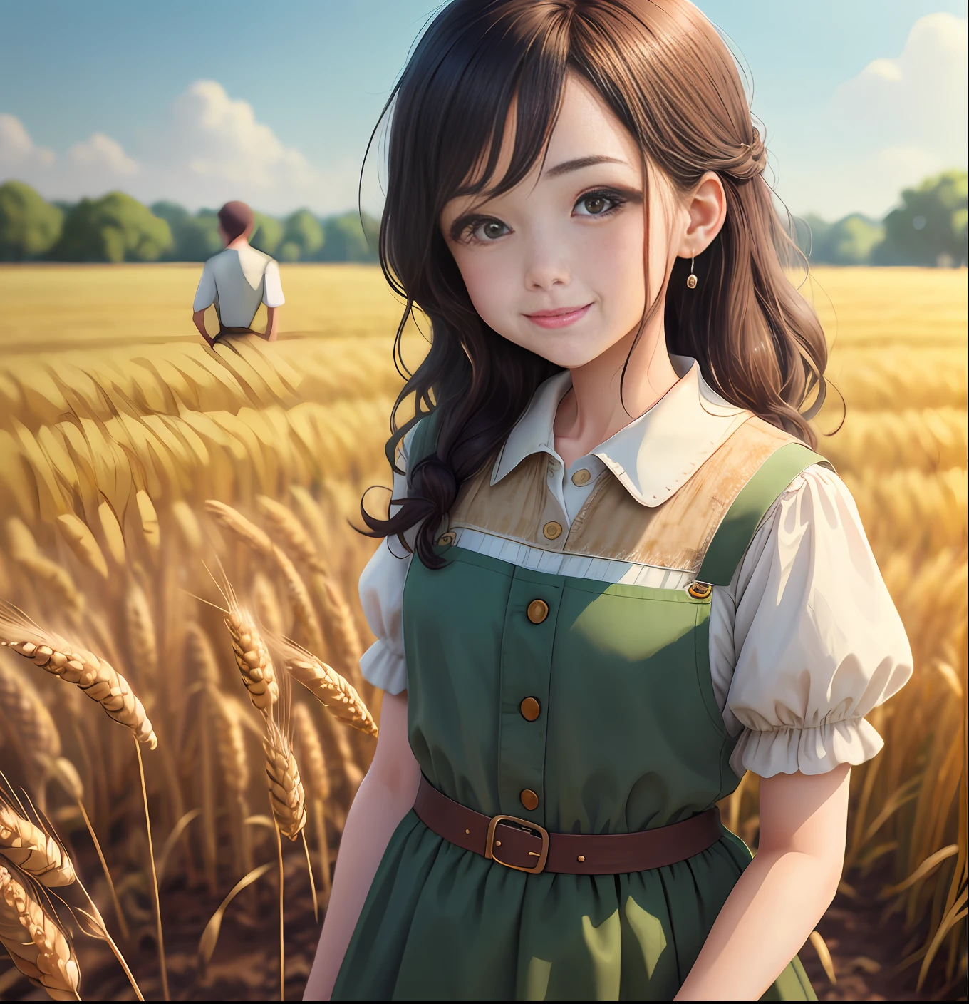 brunette hair, hair bubbles, cringe, long eyelashes, solid round eyes, light smile, ear blush, surrealism, shadow, emboss, diorama diagram, tachi-e, pov, atmospheric perspective, cinematic lighting, anime style, jitter, ray tracing, 8k, super detail, ccurate, best quality, masterpiece, masterpiece, anatomically correct, textured skin, super detail, high detail, high quality, high quality, high quality, high resolution, 16k. In the field, young people sweat and carry hoes, busy in the field, surrounded by emerald green wheat seedlings. The young man was dressed in a simple peasant costume, busy but smiling, and a happy look gradually appeared on his face. Smooth brushstrokes, emphasis on fields and wheat seedlings, emerald green tones, highlighting youth clothing, delicate textures, multi-layered colors, strong sunlight from above, shadow effect, 8k