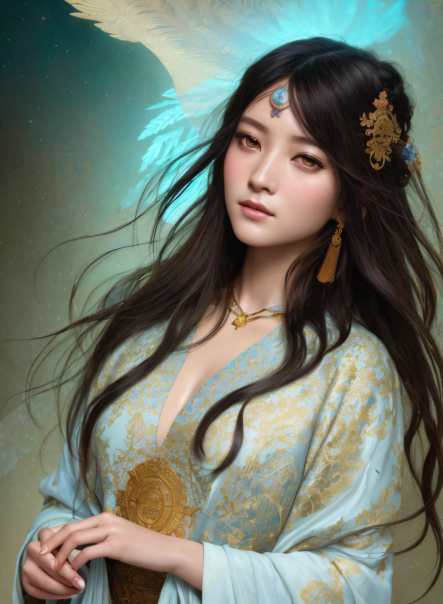 High quality, masterpiece, masterpiece, exquisite facial features, exquisite hair, exquisite eyes, exquisite color hair, 4K picture quality, gorgeous light and shadow, Tyndall effect, halo, messy hair, young state, gorgeous scene, exquisite clothes, chains, feathers, ancient chinese beauty with big eyes very detailed, digital painting, artstation, concept art, sharp focus, illustration, art by greg rutkowski and alphonse mucha and victo ngai