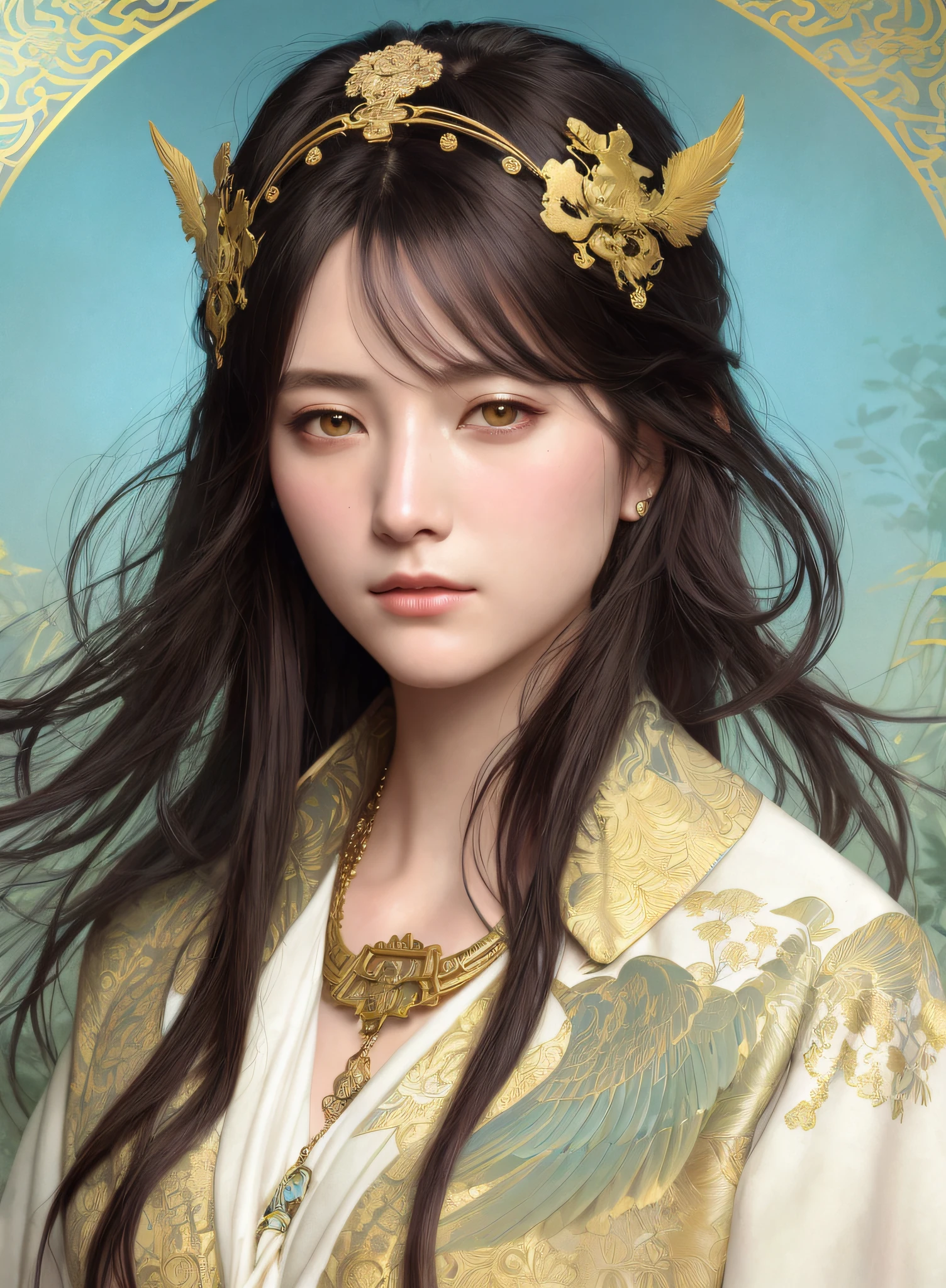 High quality, masterpiece, masterpiece, exquisite facial features, exquisite hair, exquisite eyes, exquisite color hair, 4K picture quality, gorgeous light and shadow, Tyndall effect, halo, messy hair, young state, gorgeous scene, exquisite clothes, chains, feathers, ancient chinese beauty with big eyes very detailed, digital painting, artstation, concept art, sharp focus, illustration, art by greg rutkowski and alphonse mucha and victo ngai